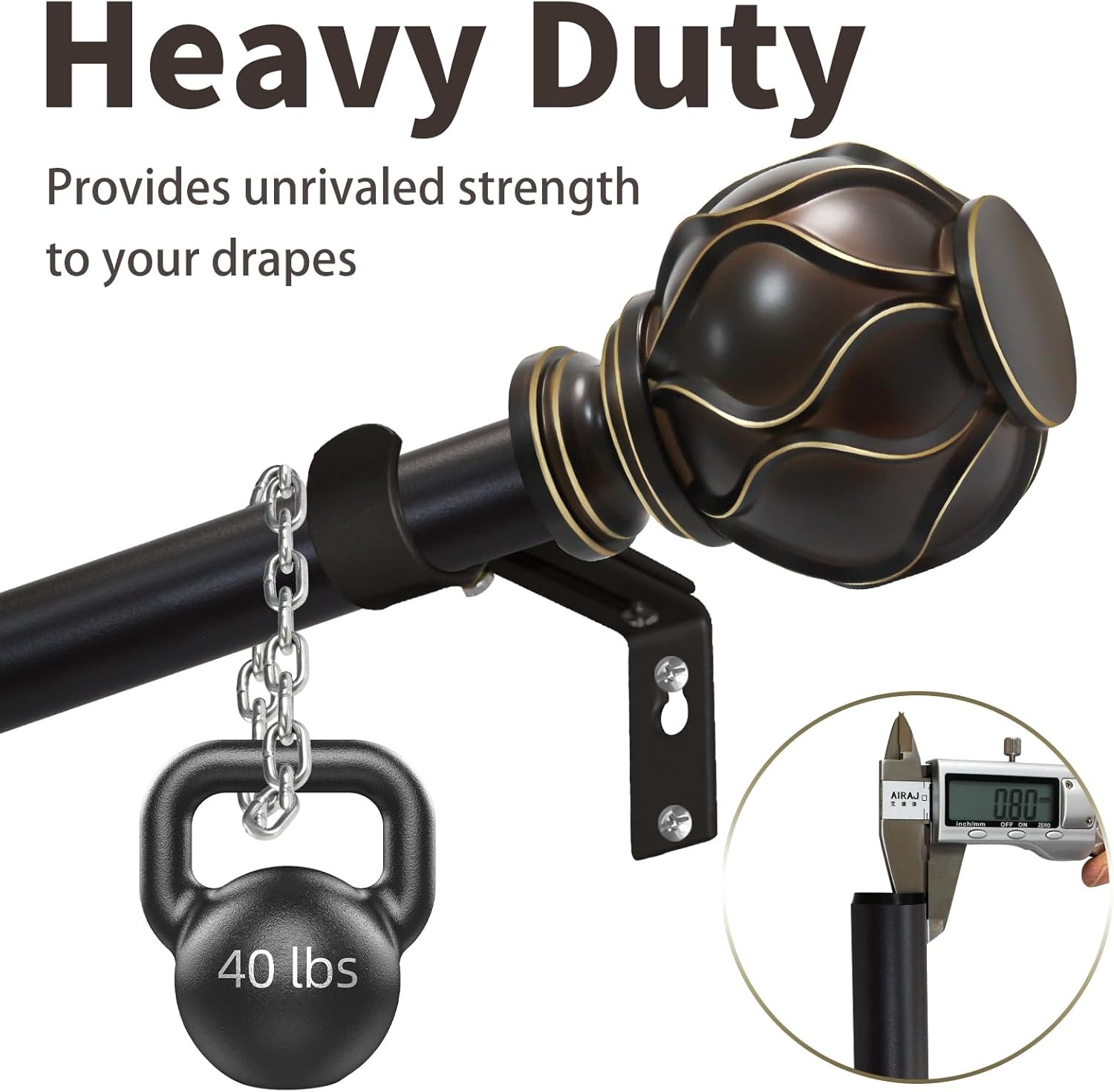 Bronze Curtain Rod for Windows 66 to 120 Inches(5.5-10Ft), 1″ Diameter Heavy-Dut