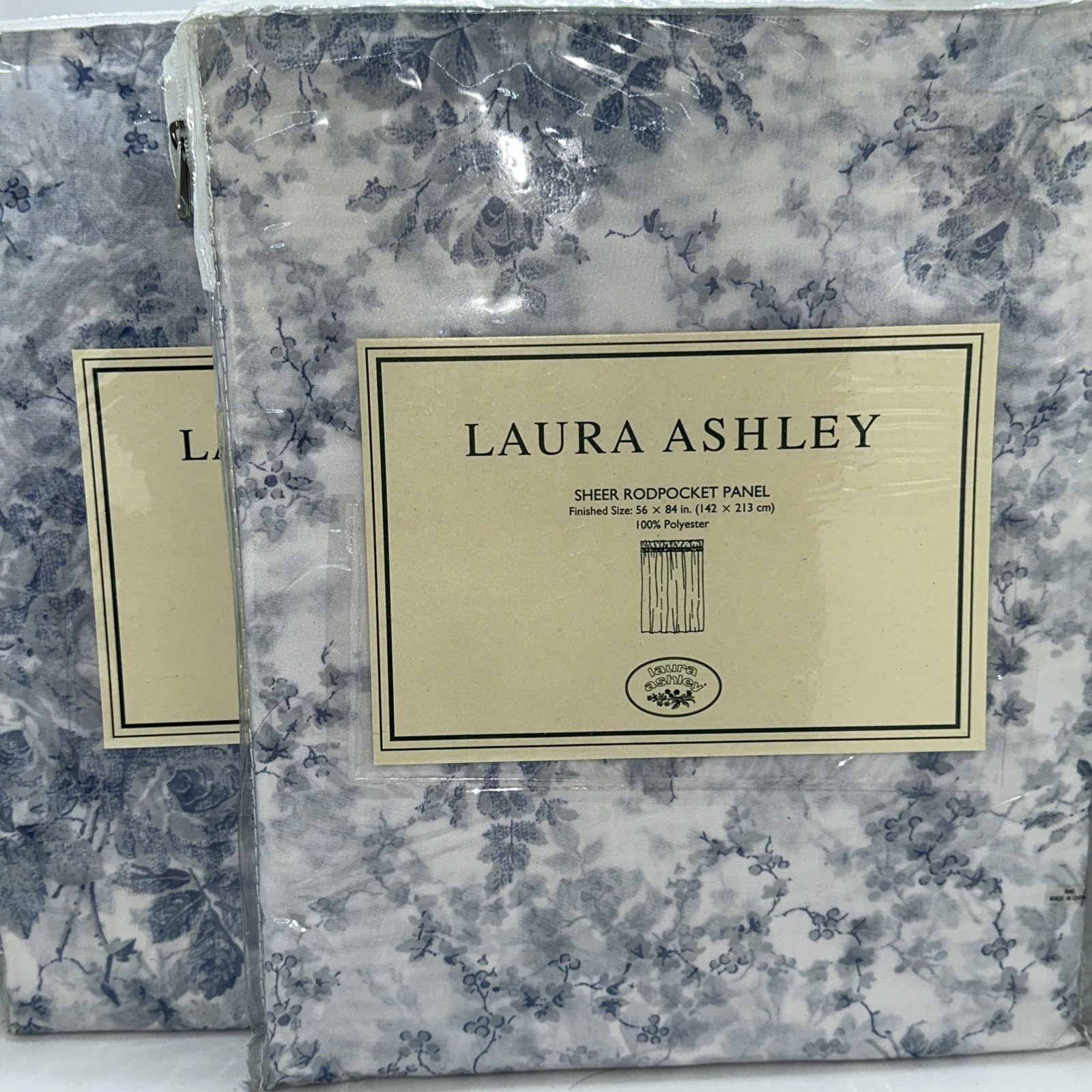 VTG Laura Ashley Sophia 2PC Sheer Blue White Floral Panels & 1PC Bluoson Valance