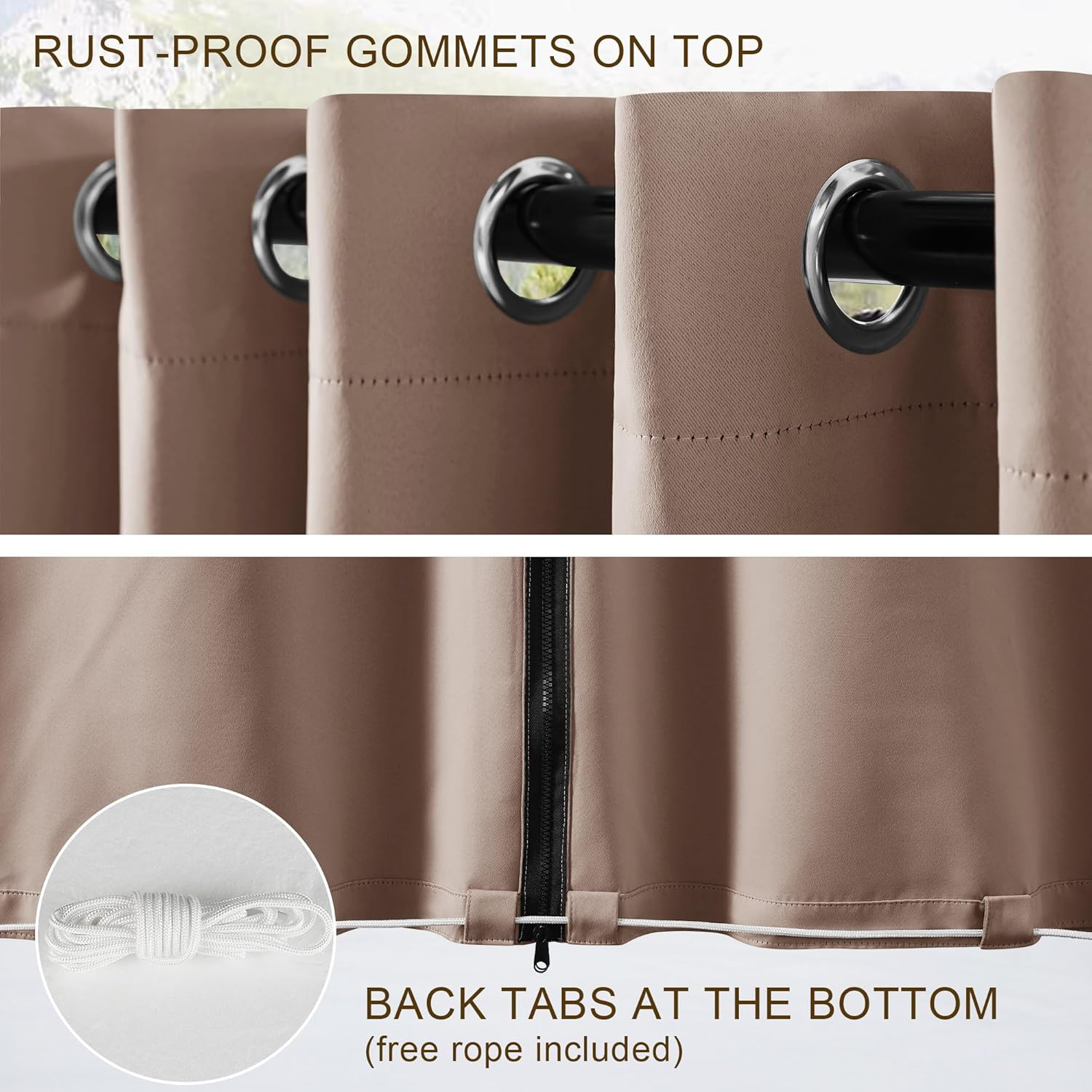 Fade-Resistant Outdoor Curtains for Patio Waterproof with Zipper Back Tab Bottom