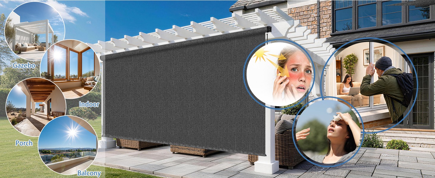 10’W x 8’H Gray Outdoor Roller Shade with Crank Wand Patio Shades Roll up,