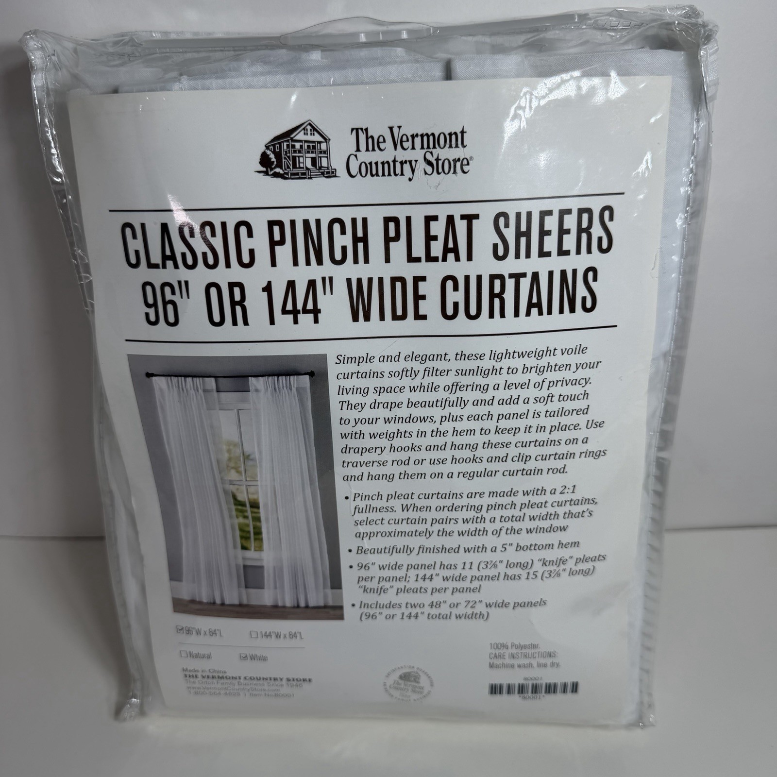VERMONT COUNTRY STORE 1 Pair pinch pleat Curtains 96×84 White New 80001