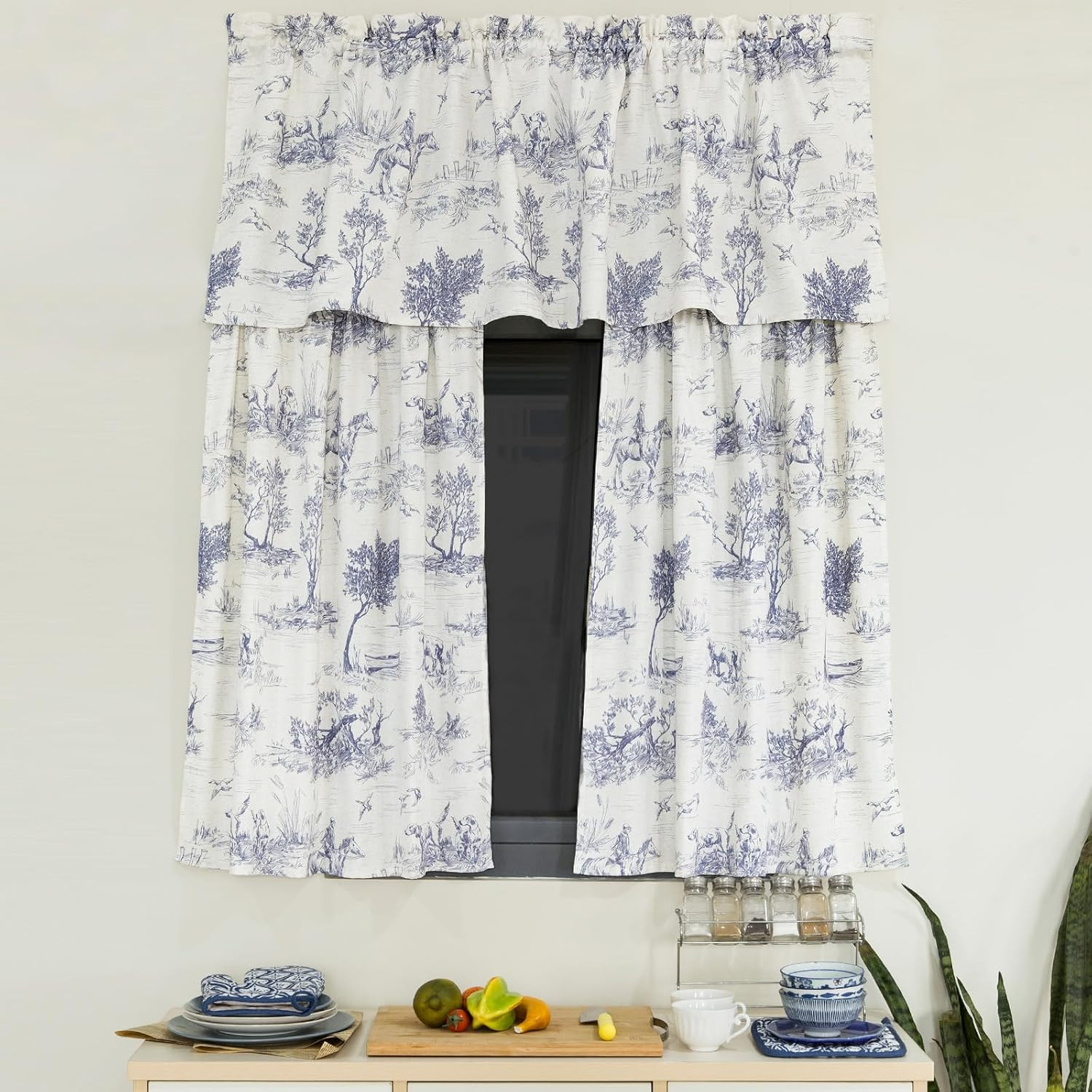 Rustic Kitchen Window Curtain Set of 3 Classic French Village Blue Toile Printed