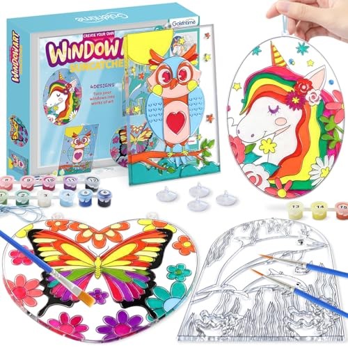 Window Art for Kids Including 4 Large Suncatcher Crafts, 18 Window Paints blue