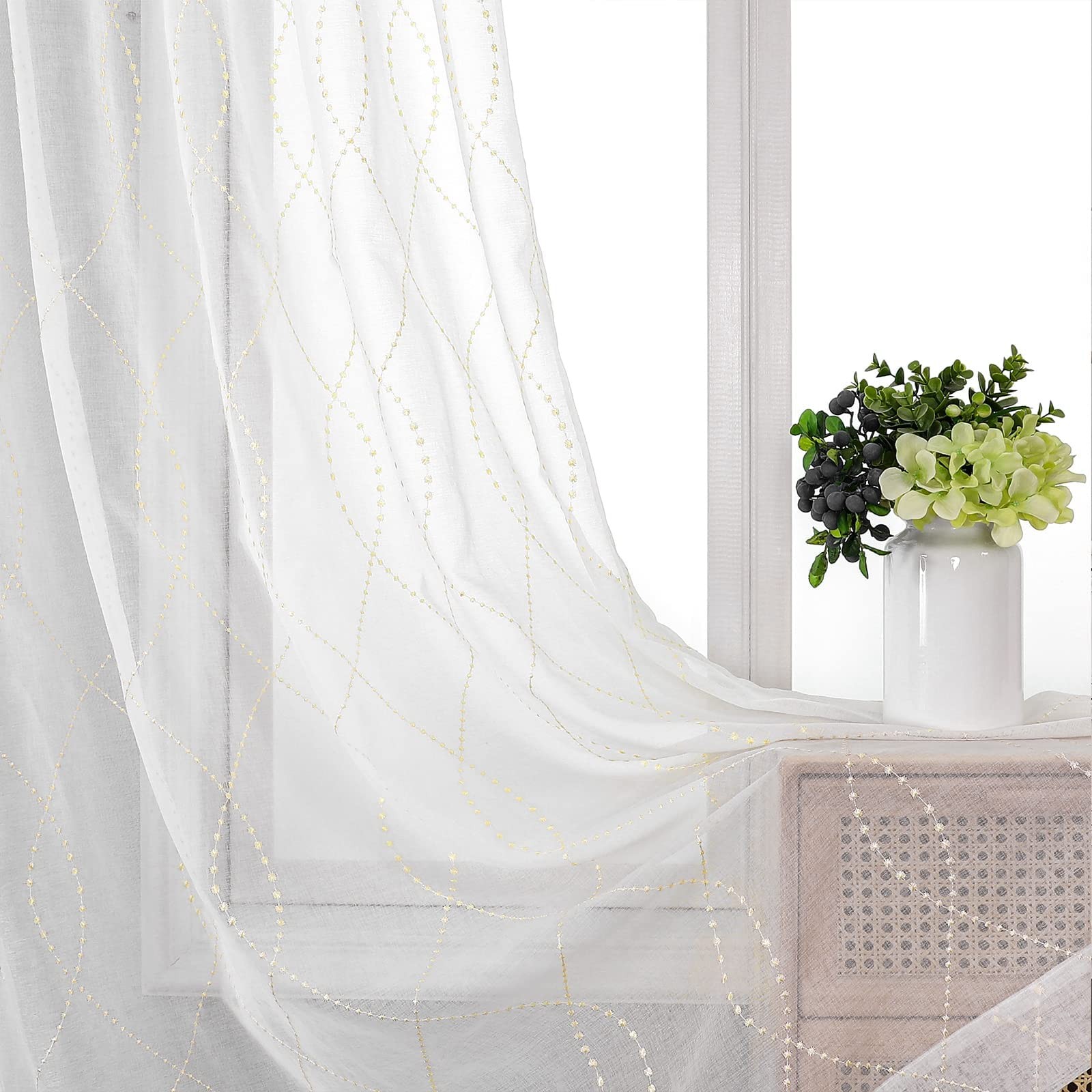 White Sheer Curtains 72 Inches Long 2 Panels Set Moroccan Embroidery Beige Do…