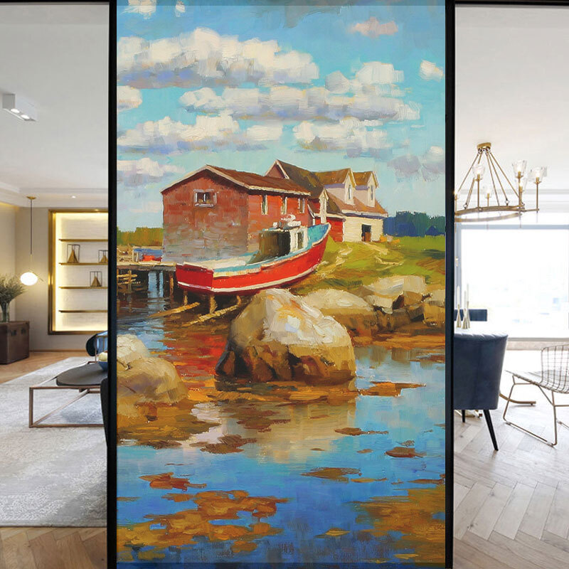 Village Retro Oil Painting Window Film Print Sticker Cling Stained Glass Decor