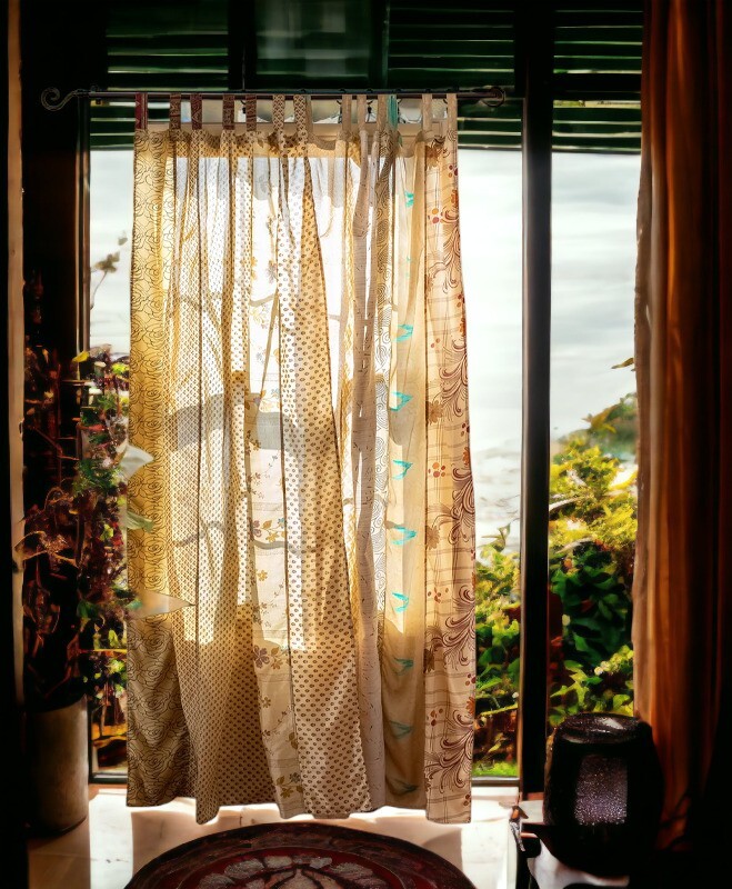Indian Vintage Sari Patchwork Curtain Drape Window Boho Decor Silk Beige Curtain