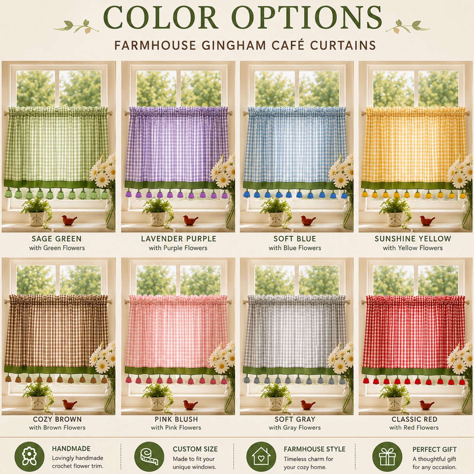 Gingham Kitchen Curtains Farmhouse Cafe Curtains Check Window, Flower Crochet