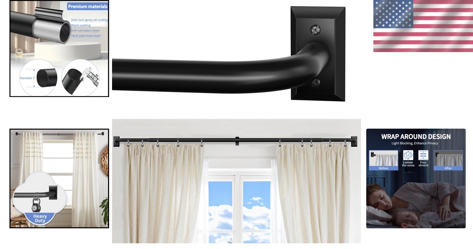 Black Curtain Rod Room Darkening Heavy Duty Modern Blackout Drapery 28-48 Inches