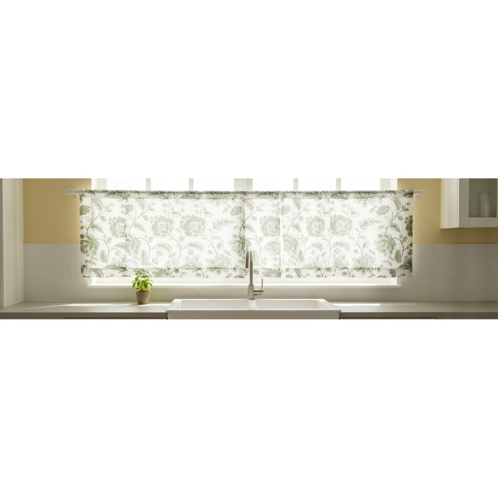 Floral Green White Botanical Valance Curtain 52 x 14 in