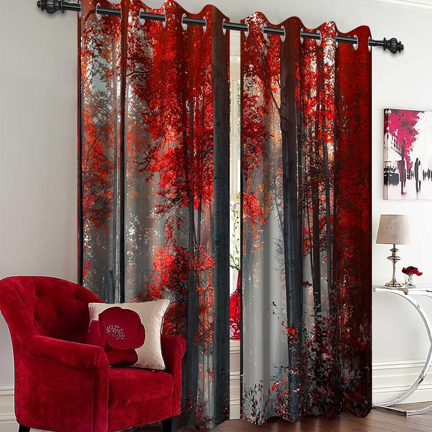 Forest Themed Red Leaves Bush Pattern Mystical Fantasy Art Darkening 42Wx63H