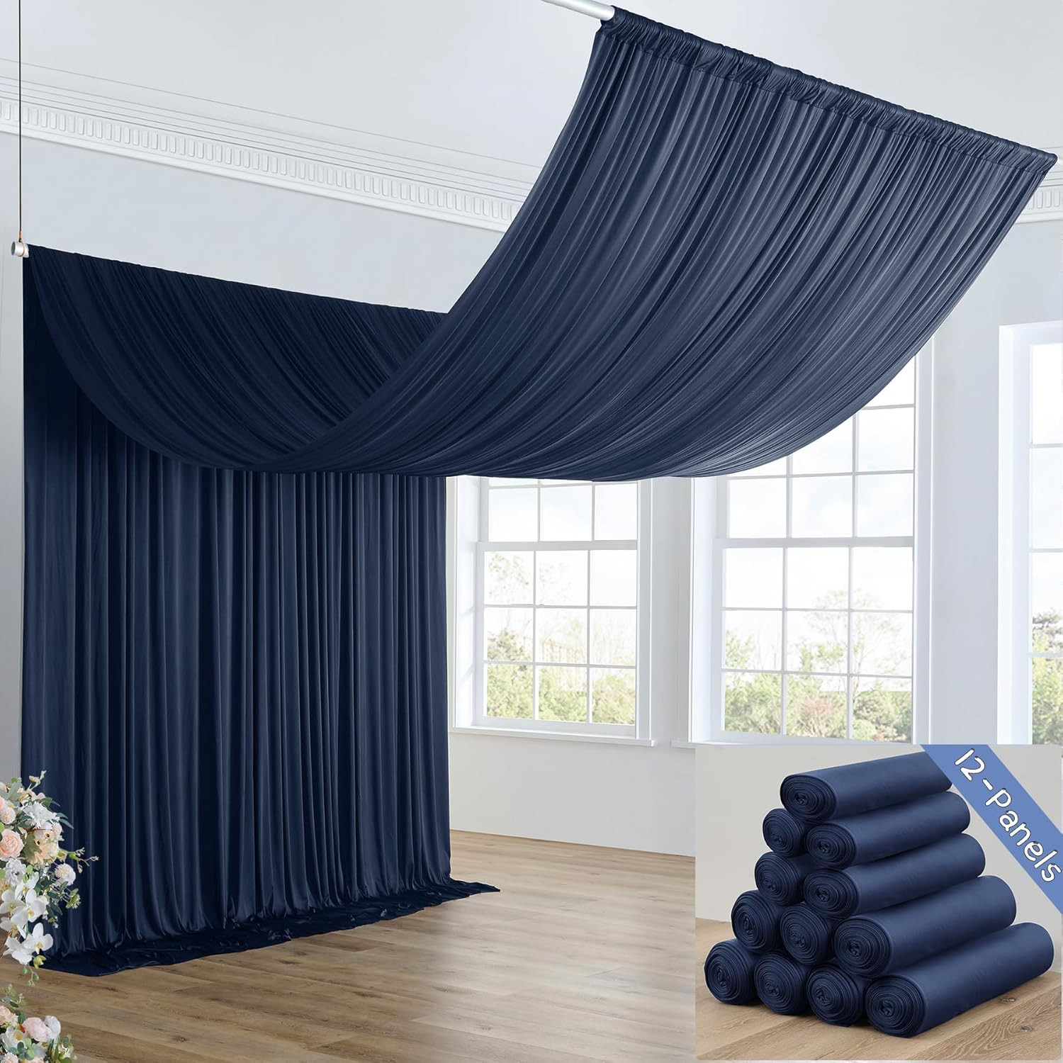 60Ft×20Ft Navy Blue Ceiling Drapes for Parties Weddings, 12 Panels 5×20Ft Long T