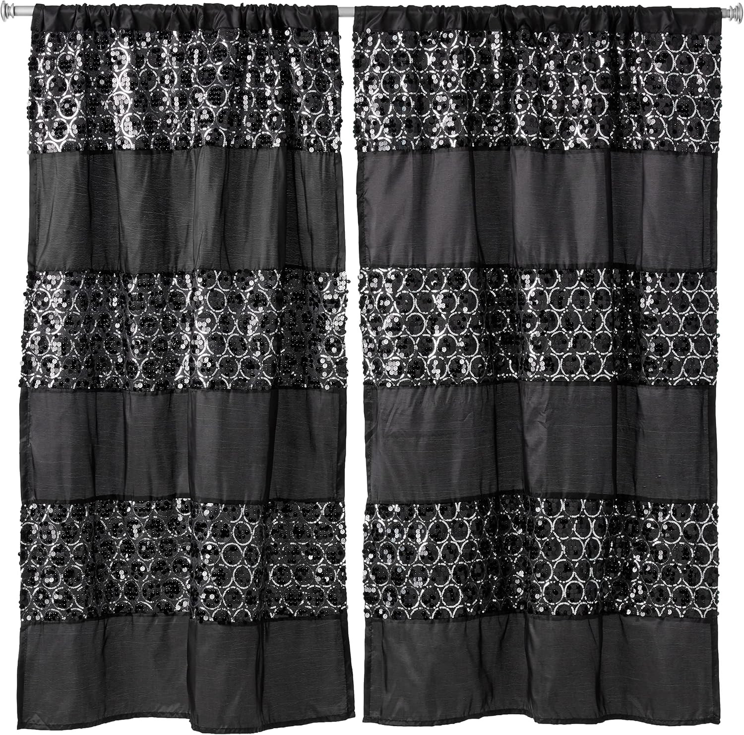 Sinatra Sequin Window Curtain with Tiebacks, Black, 36X54 Inches