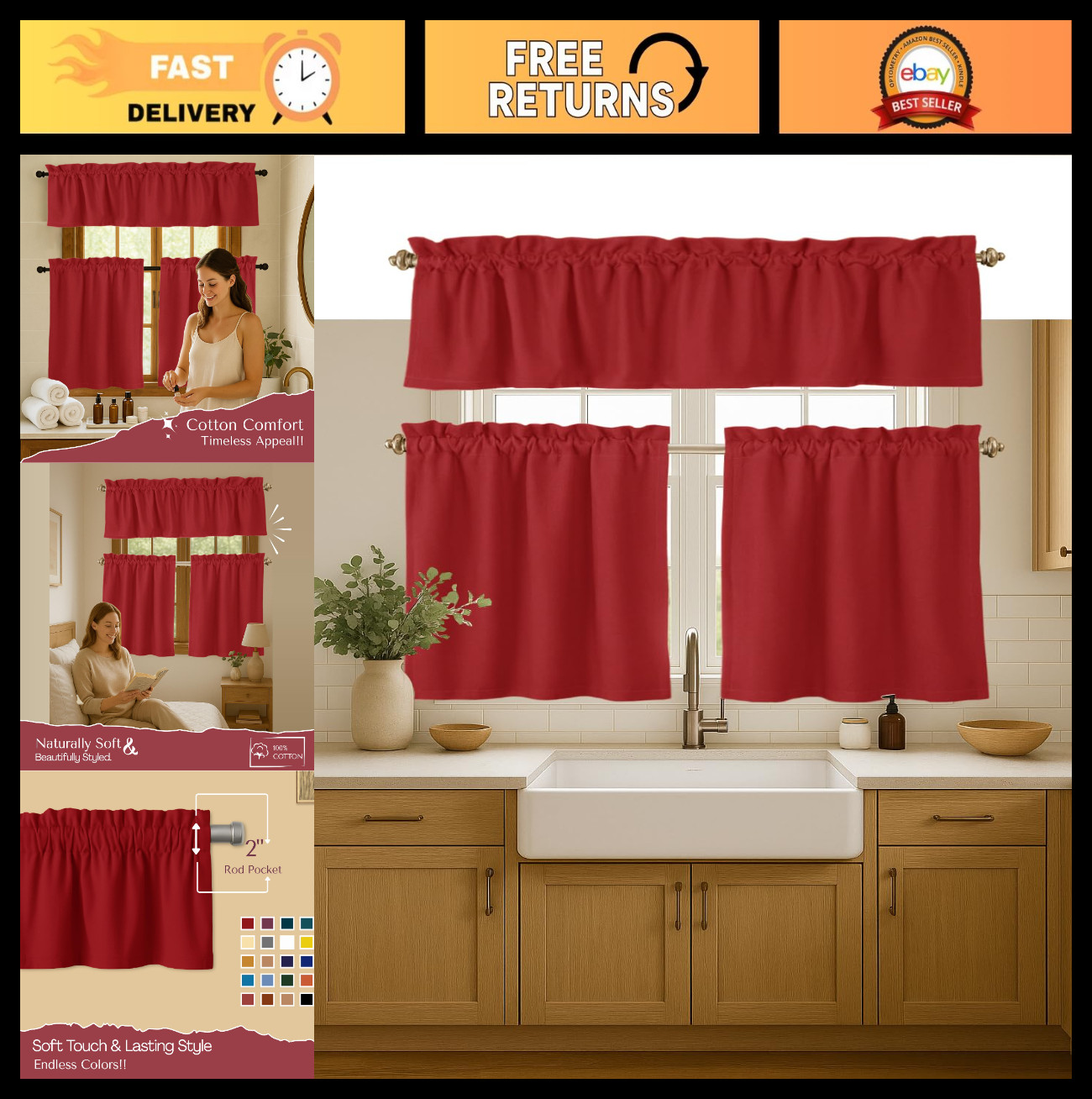 3-Piece Window Curtain Set – 26″x36″ Tiers & 54″x18″ Valance – Rod Pocket, Semi-