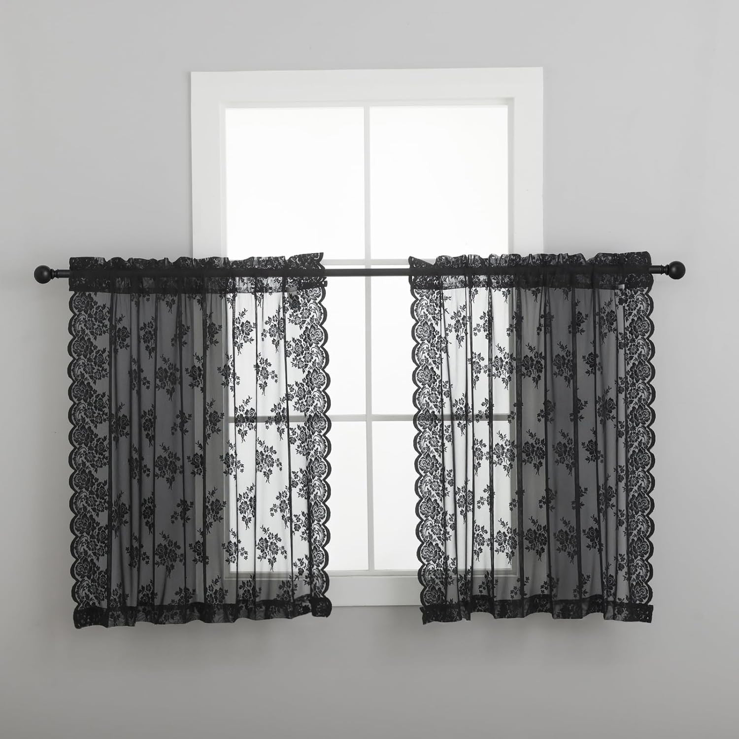 Black Lace Curtains 54 Inch Length 2 Panels, Country Rustic Floral