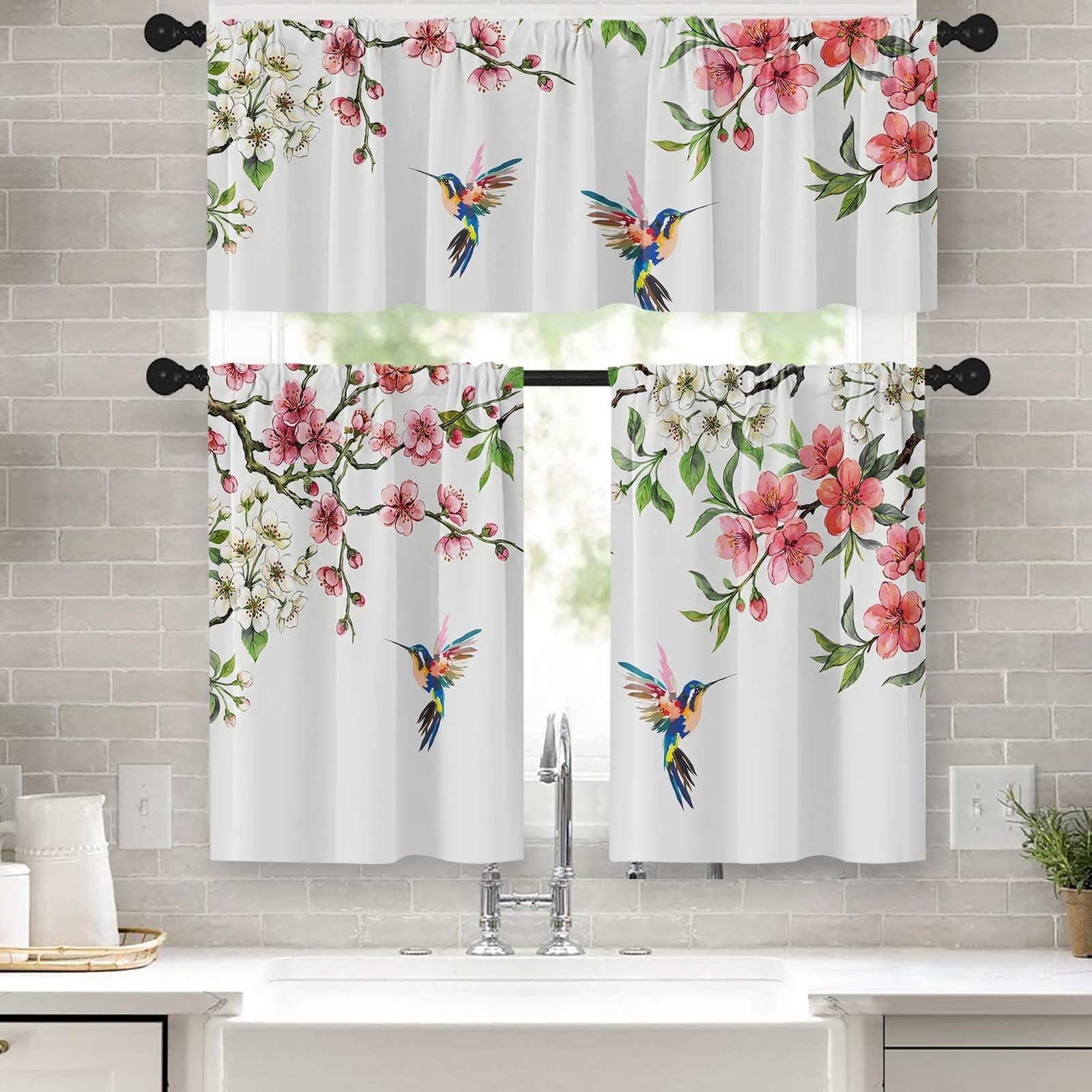 Flower Bird Kitchen Curtains Spring Butterfly Window Curtains Valance and Tier