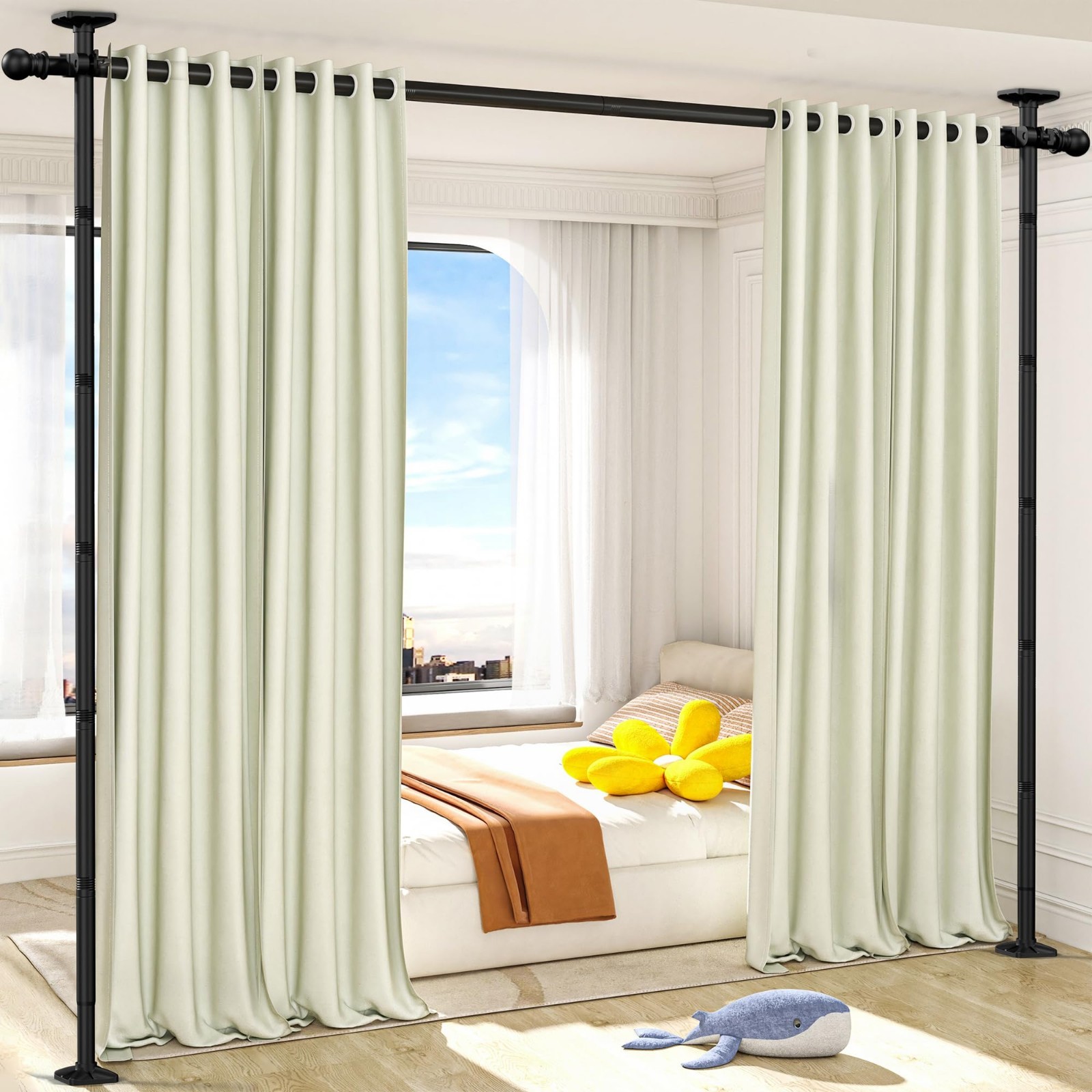 Adjustable Room Divider Curtain Rod – No Drill Privacy Separator, 4-11ft Height,