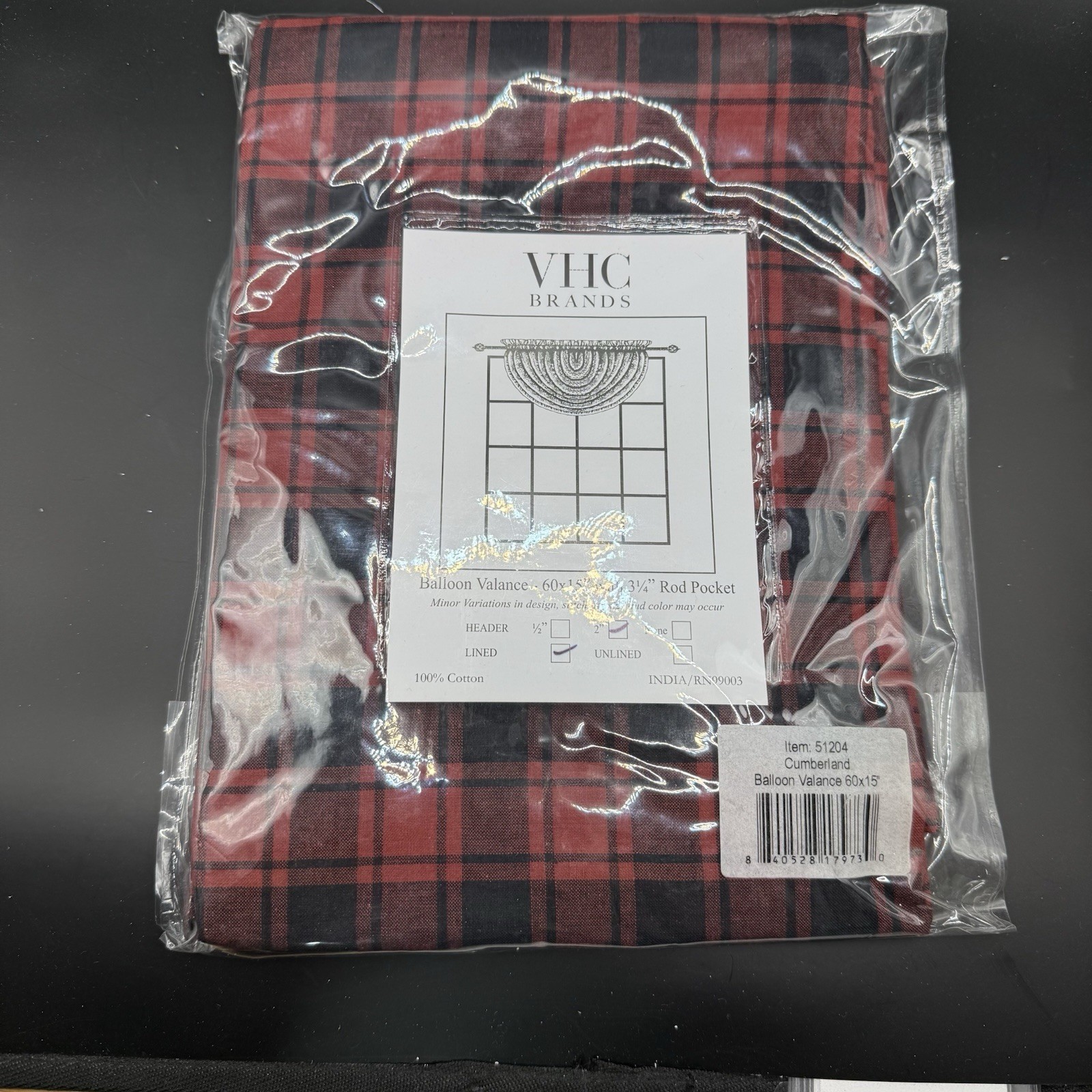 2 – VHC Brands Rustic Balloon Valance 60×15″ Red Black Cumberland Window 3 1/4″