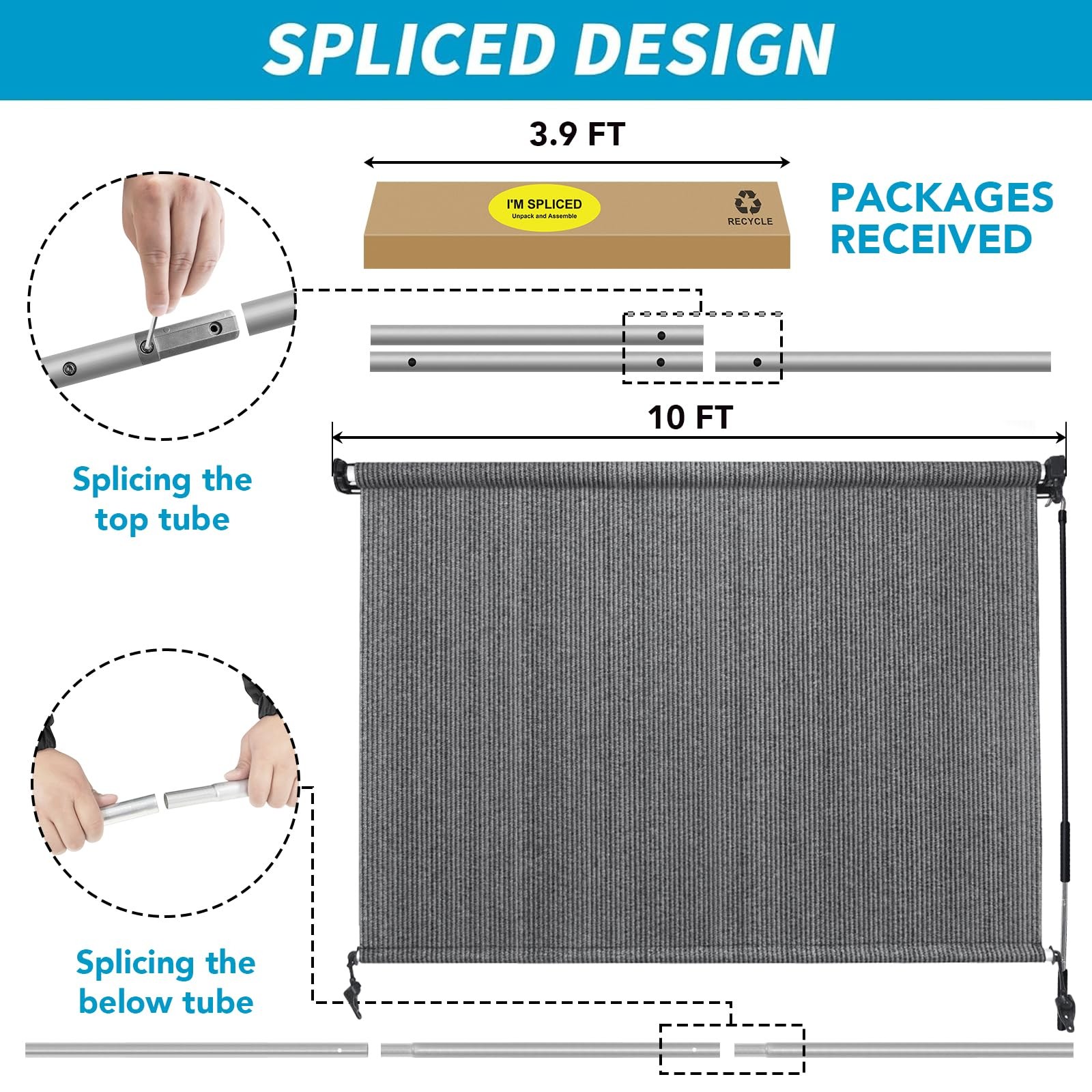 10′(W) x8′(H) Light Grey Outdoor Roller Shade for Patio