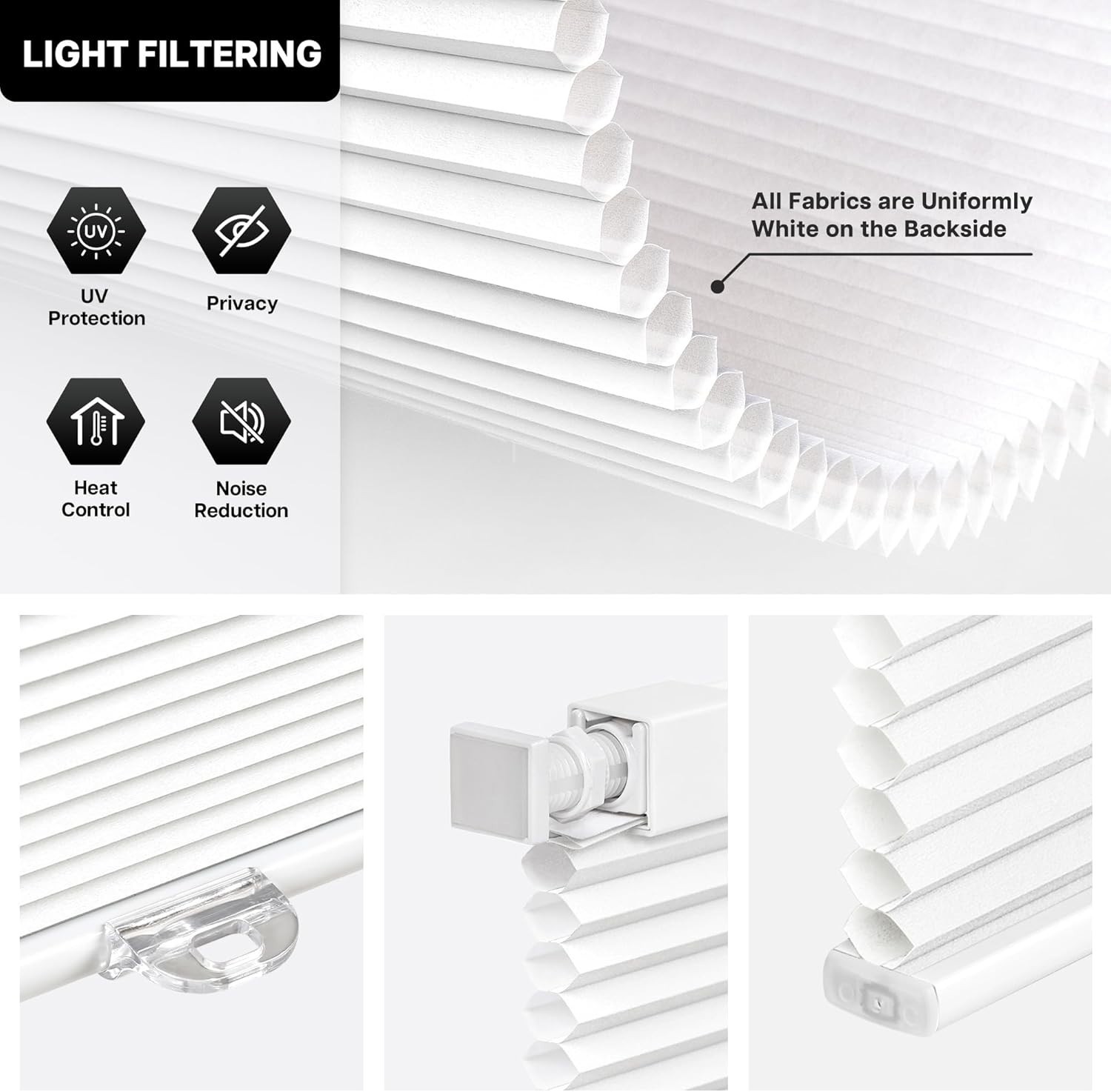 35.5″ W x 72″ H Cordless Light Filtering Cellular Shade, Easy Install, White