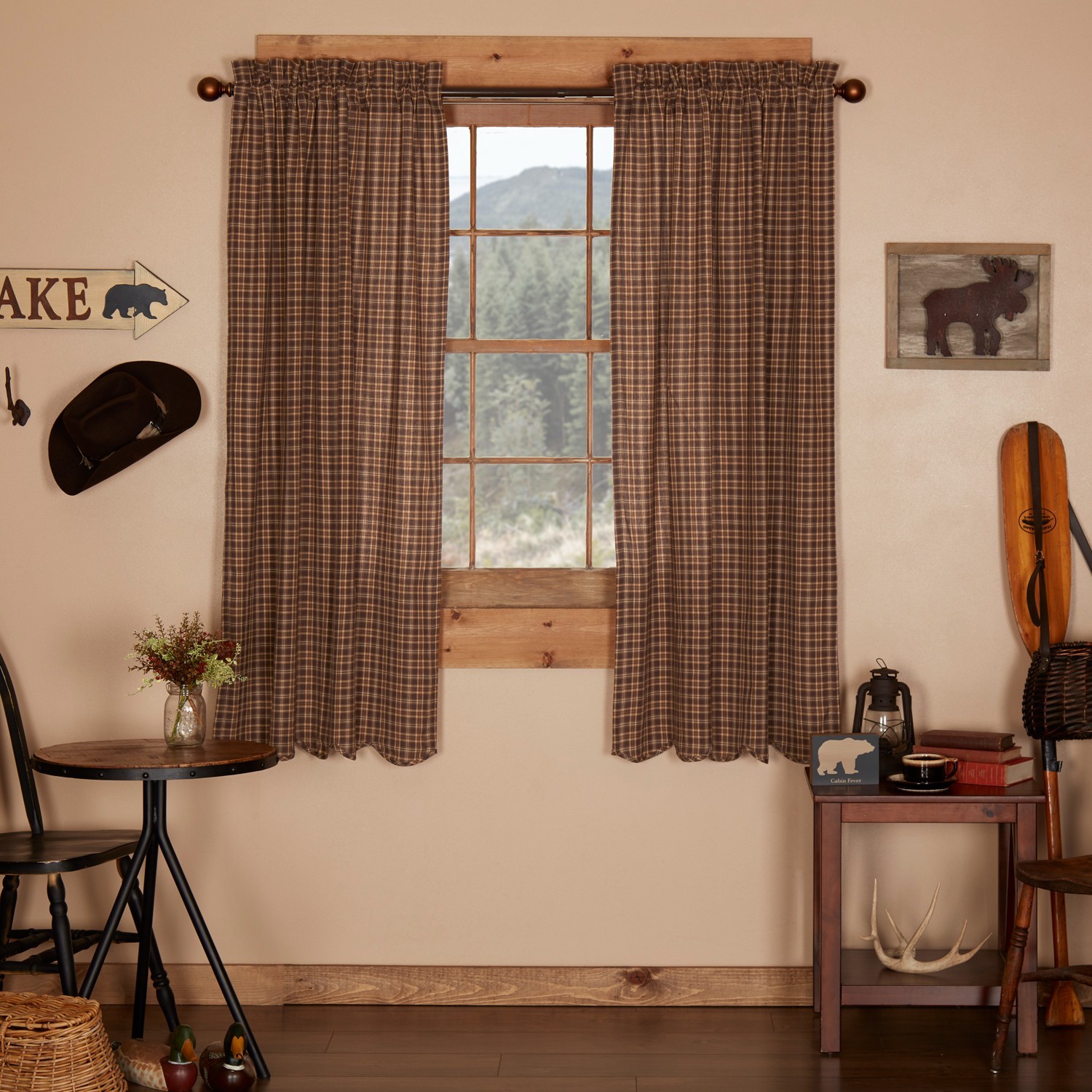 Prescott Rustic Plaid Scalloped Lined Country Cottage Window Panels 2 Sizes