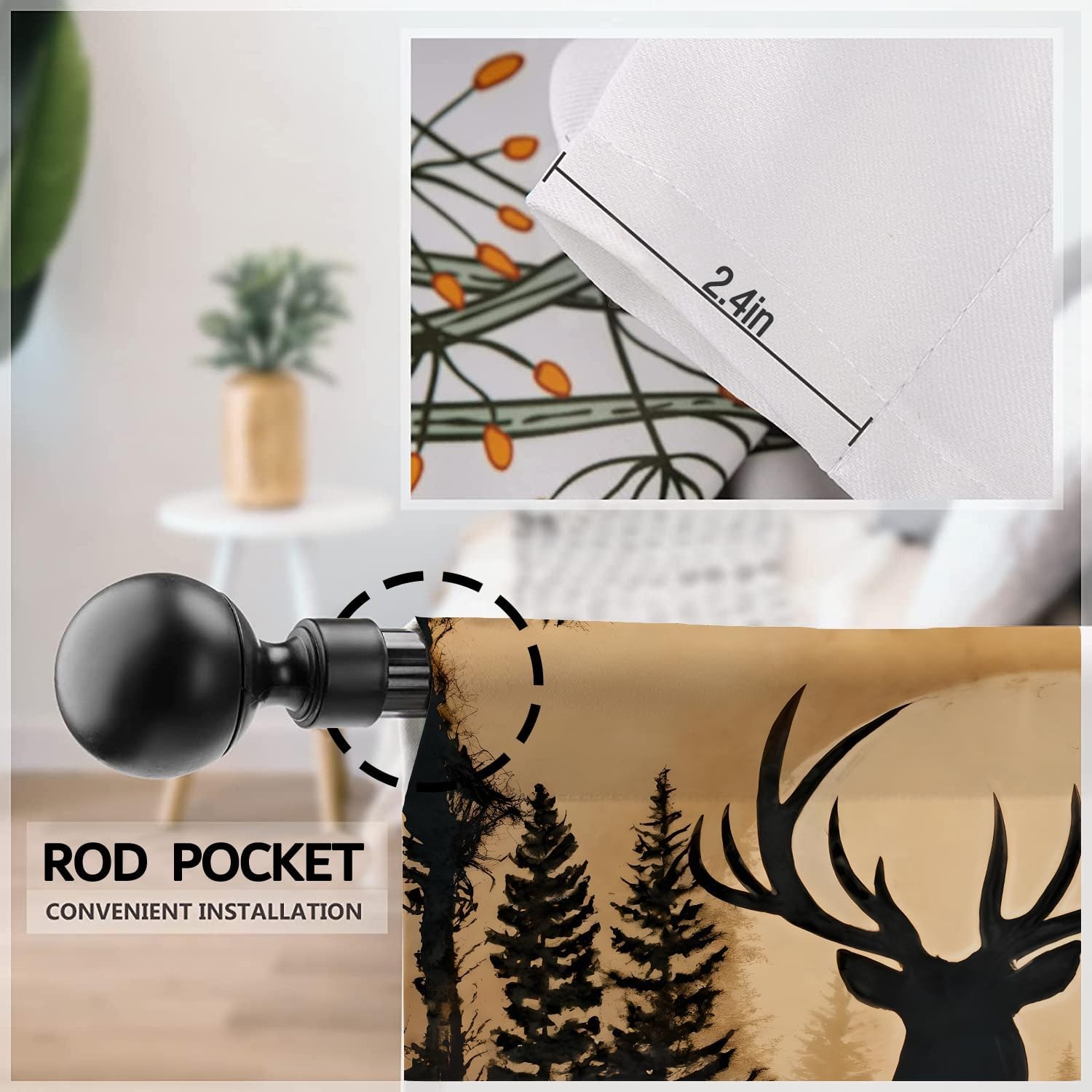 Forest Theme Rustic Deer Pine Kitchen Curtains Country Vintage Retro Cabin Lodge