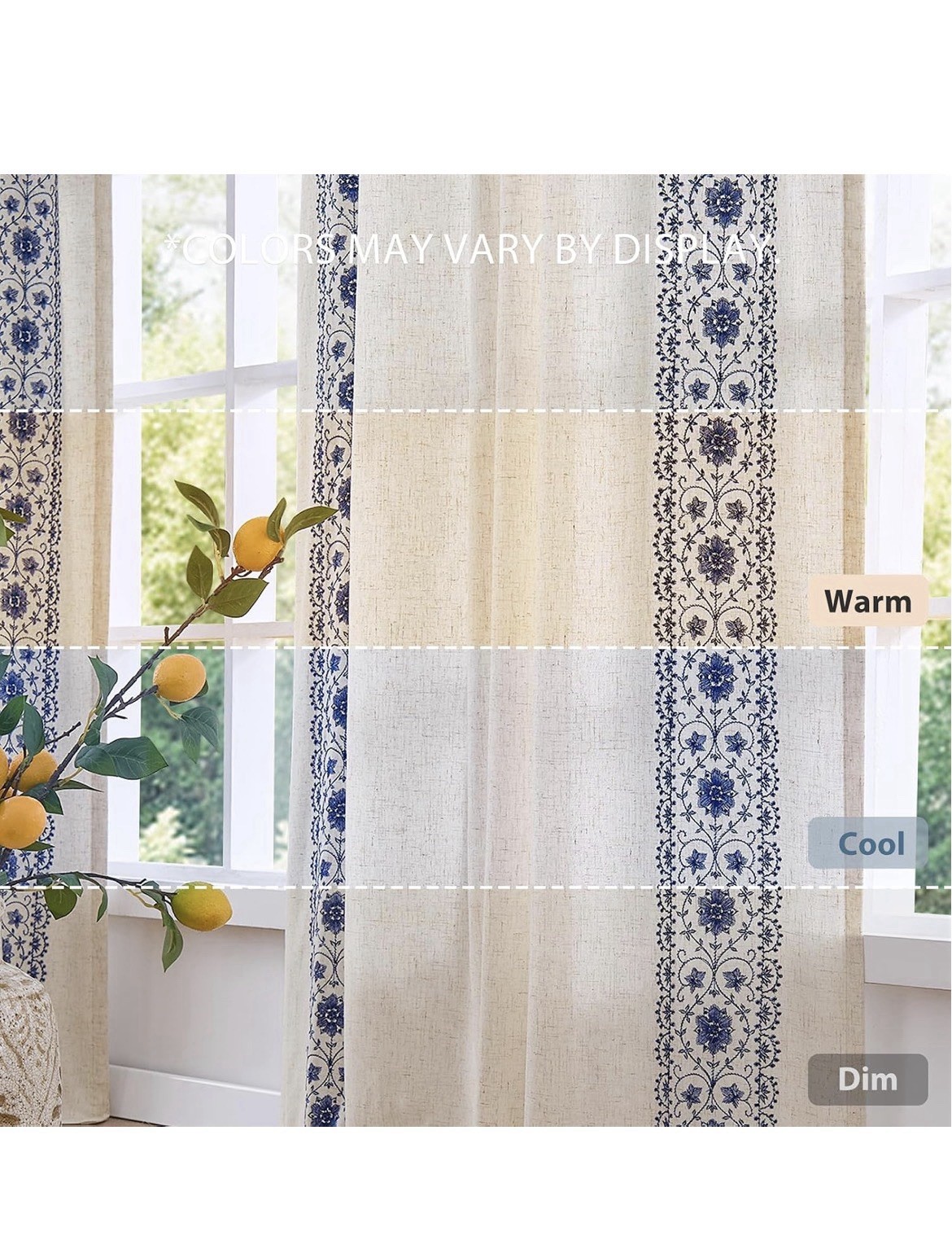 Floral Linen Curtains w Lining Back Tab 50x84in 2 Panels Blue Light filtering