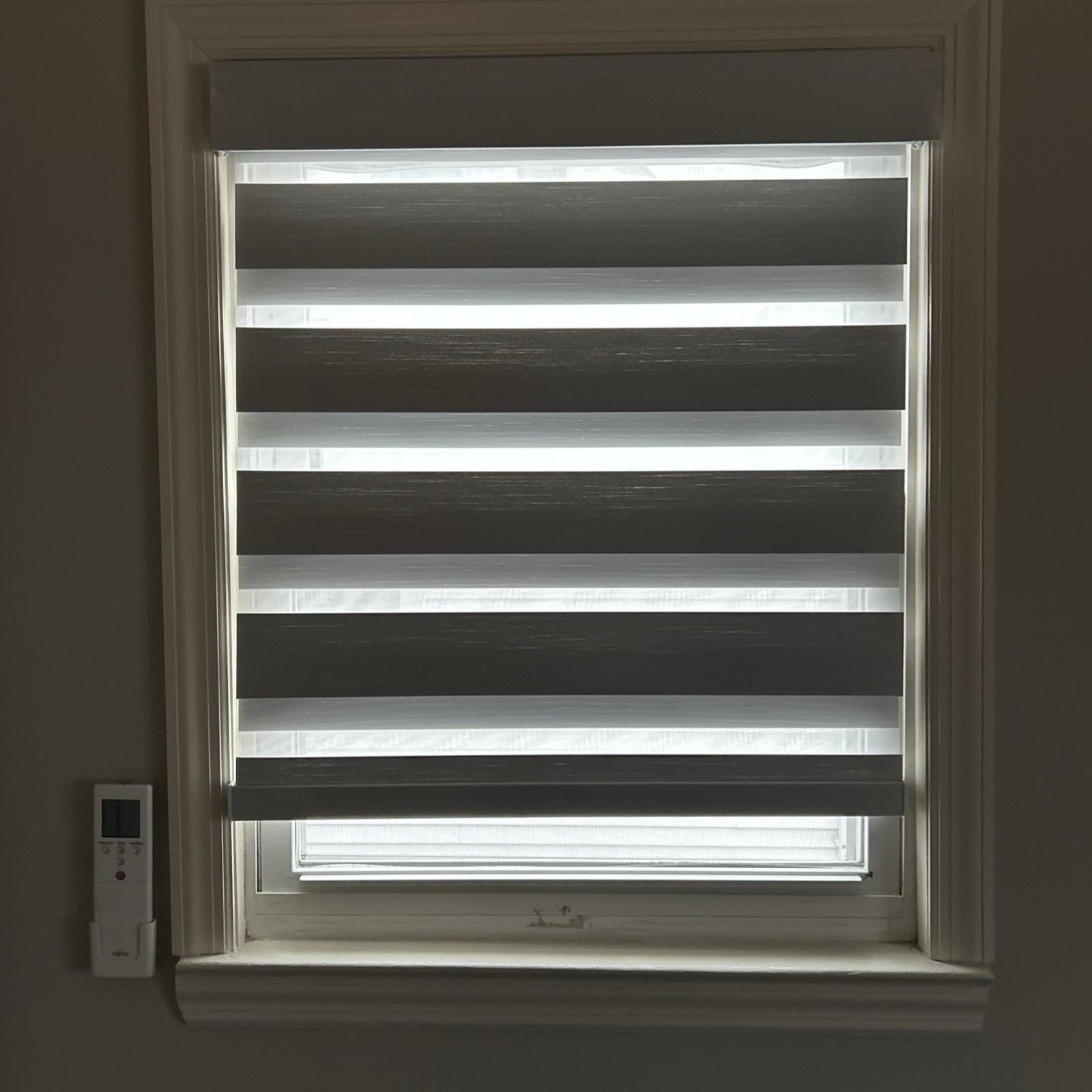 No Drill Cordless Zebra Blinds for Windows, Dual Layer Light Control 49” Wide