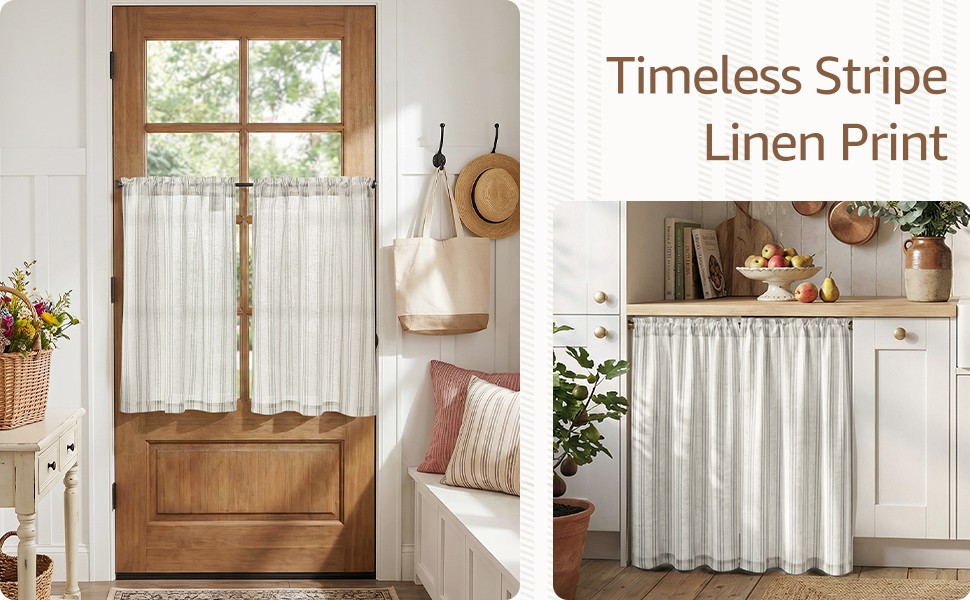 Gray Striped Linen Kitchen Curtains 24 Inch Cafe Tier Curtains Balanced Stripe
