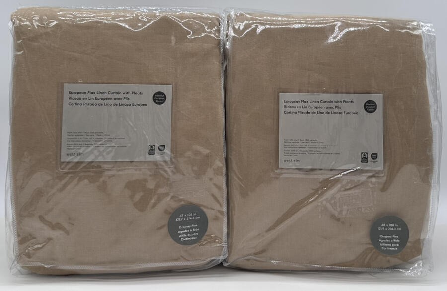 west elm European Flax Linen Pleated BLACKOUT Drape Curtain (2) ~ 48 x 108 Camel