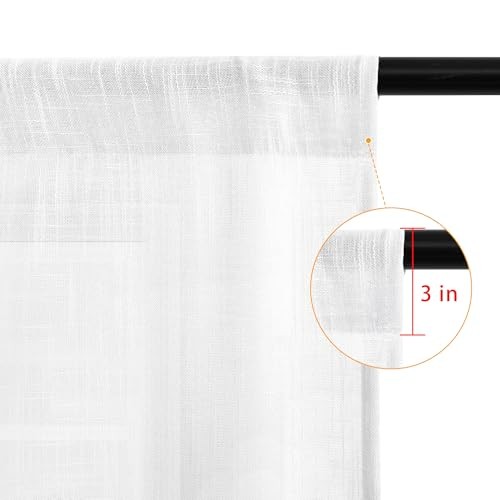 Faux Linen Sheer Curtains – Semi Voile Window 52″W x 96″L (Pack of 2) White
