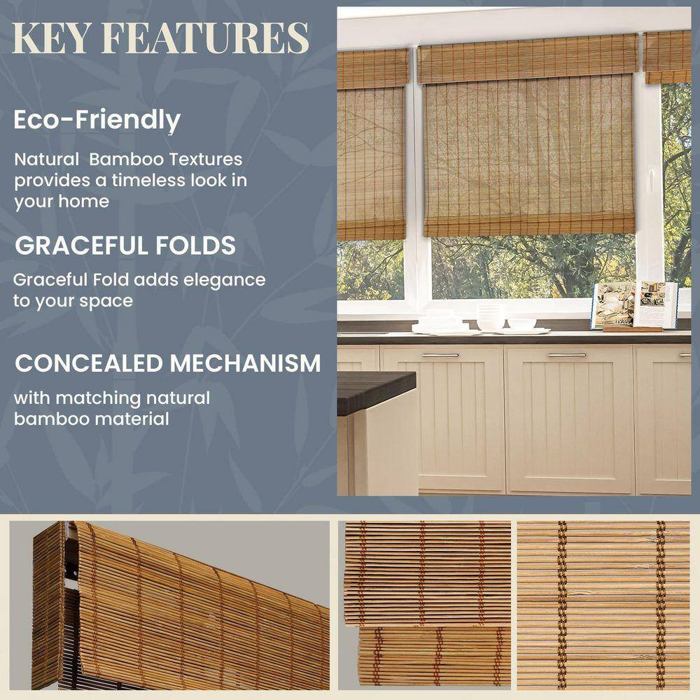 Natural Woven Light Filtering Cordless Bamboo Roman Shades for Windows, 27 In. W