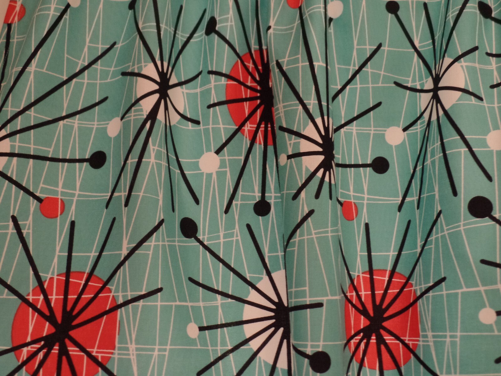 Retro 50’s Aqua Atomic Spheres, Black Spikes, Handmade Window VALANCE 42″ x 16″