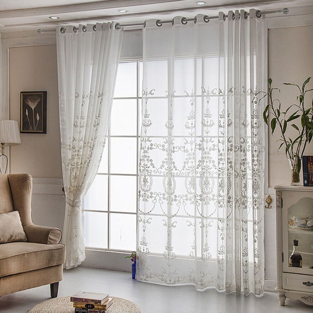 White Embroidery Floral Sheer Curtains Voile Drapes Panels Grommet Top Bedroom