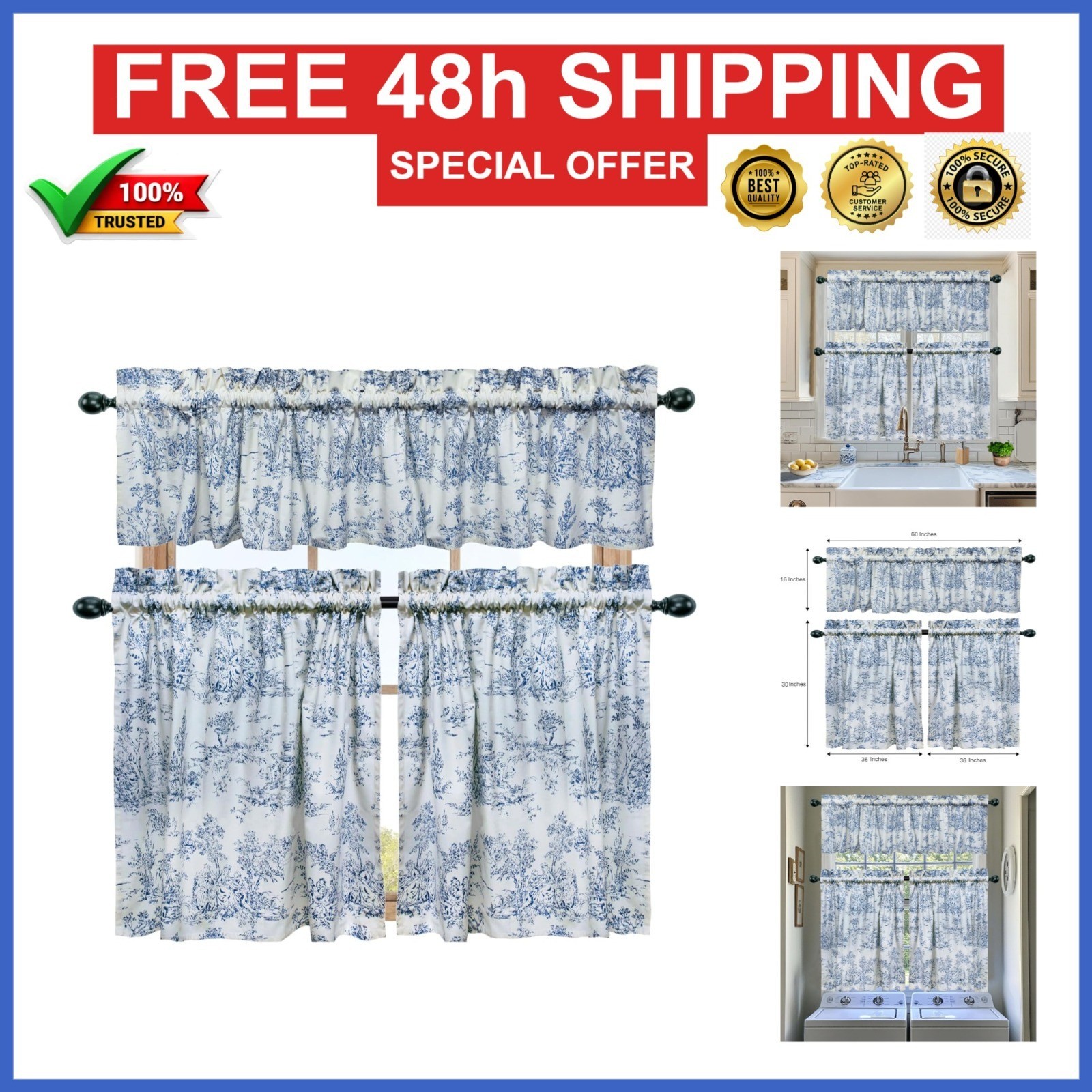 COTTON CRAFT Blue White Toile Cafe Curtains Set with Valance – 3 Pack