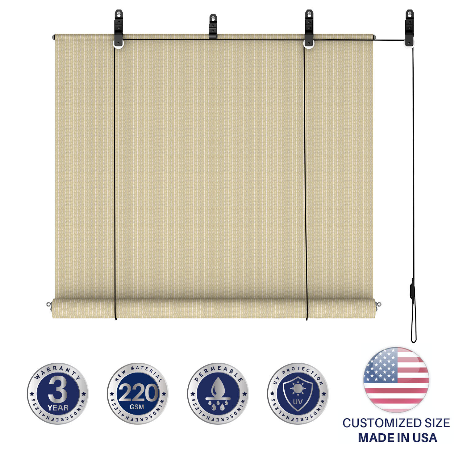 Beige Roll up Shade Roller Curtain For Patio Porch Pergola Balcony Yard Outdoor
