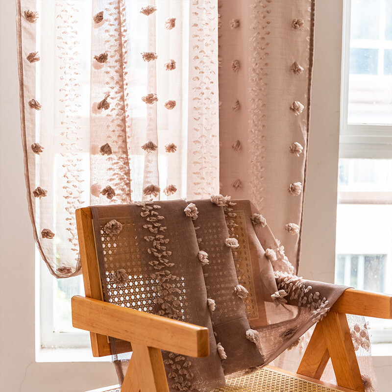 Bohemian Tufted Floral Curtains Moroccan Living Room Bedroom Sheer Tulle Curtain
