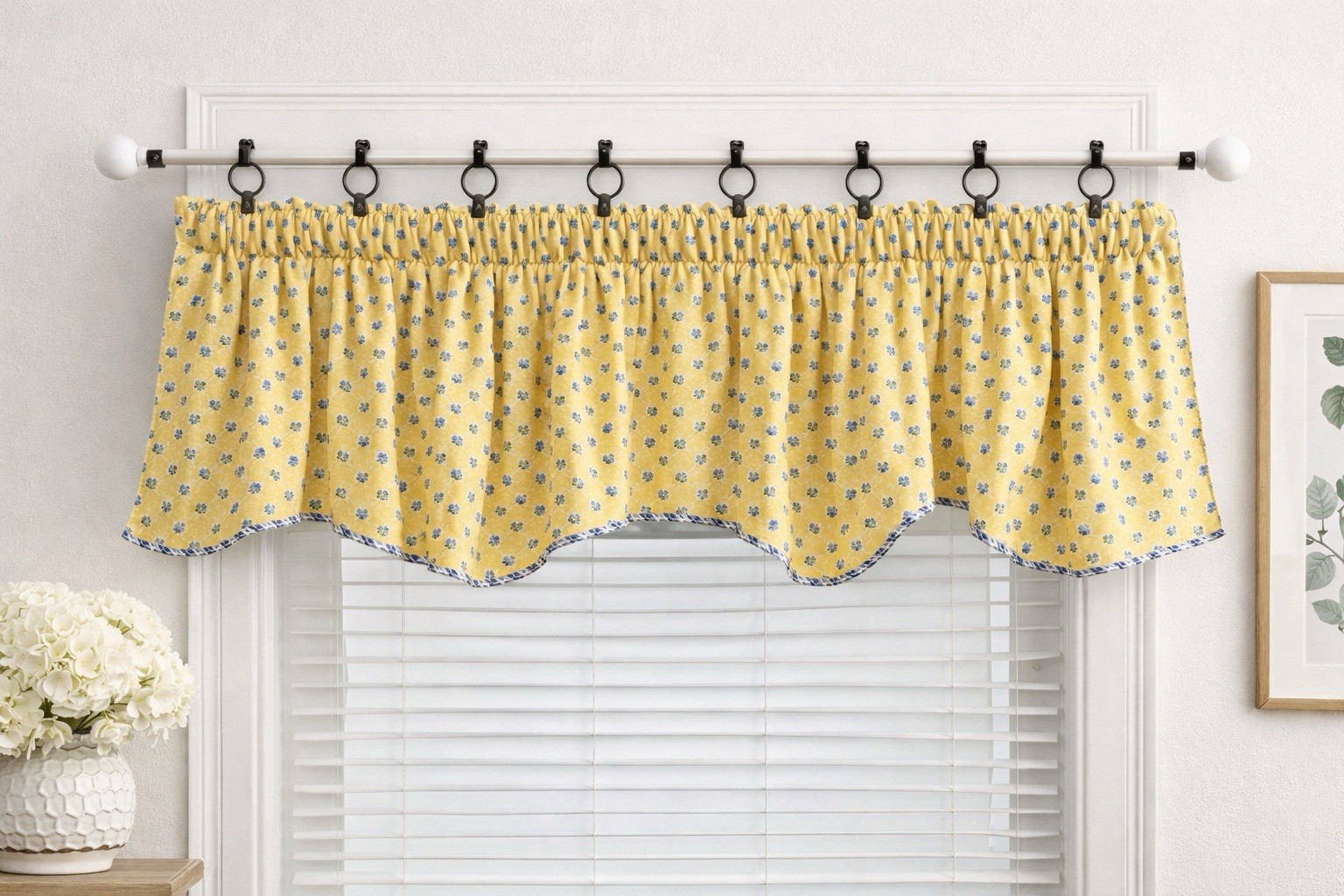 2 Yellow Floral Valance Cottage Farmhouse Scalloped Edge Blue Trim 48”x15.75”