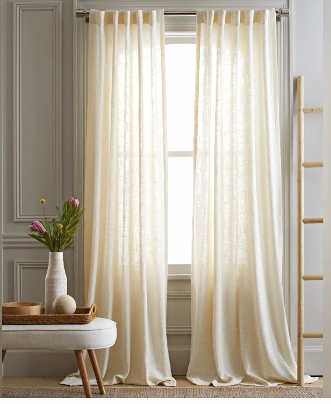 Quince Linen Sheer Curtain Panel Set in Ivory 48 x 96 Rod Pocket Solid