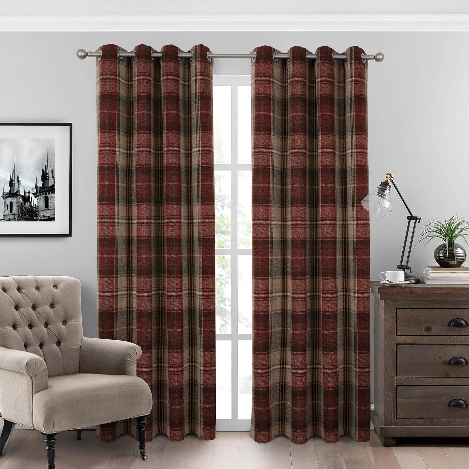 Always4U Woolen Look Plaid Curtains Modern Window Panels Christmas Red Green