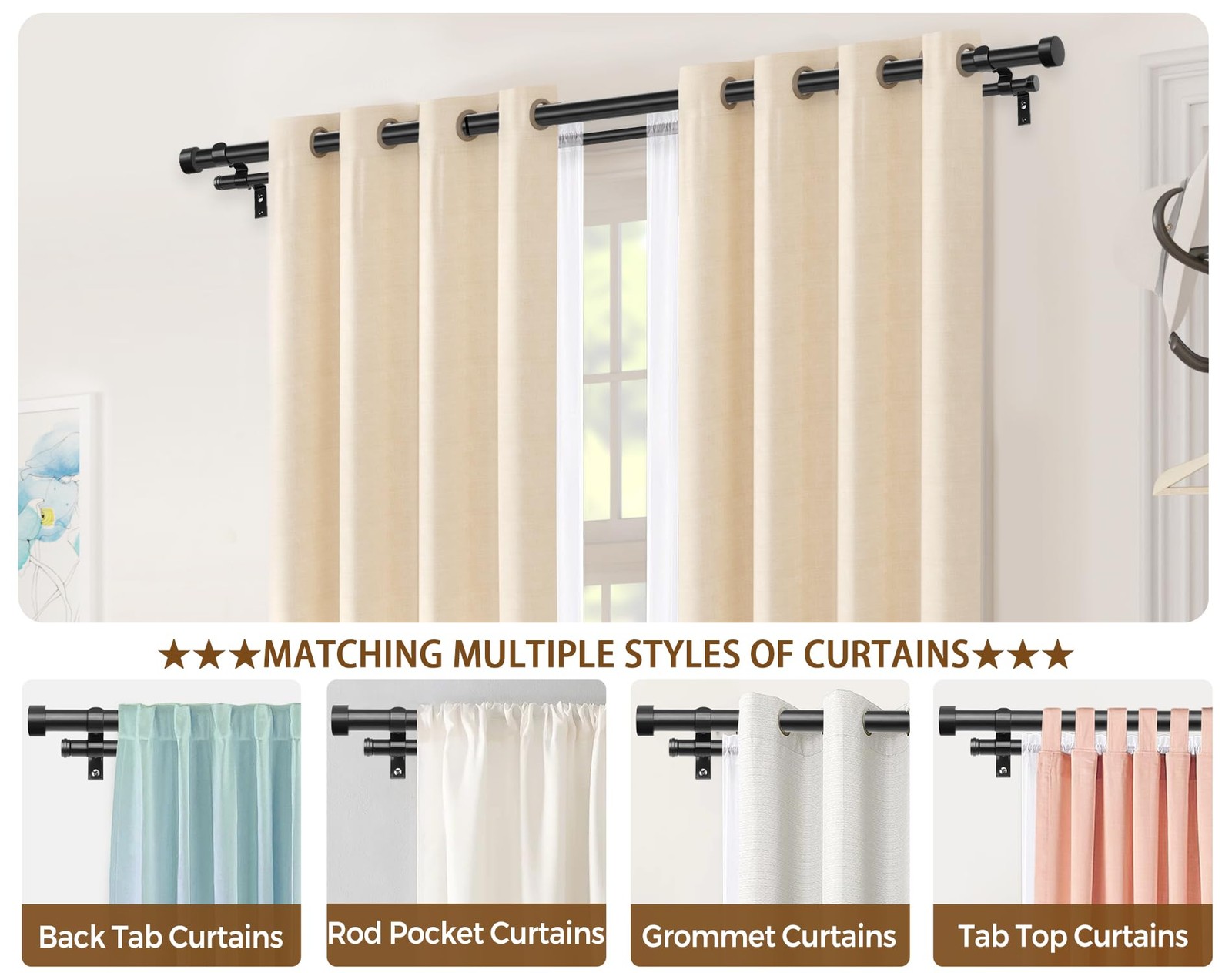 1 Inch Double Curtain Rods 66 to 120 Inches (5.5-10 Feet), Heavy Duty Adjusta…