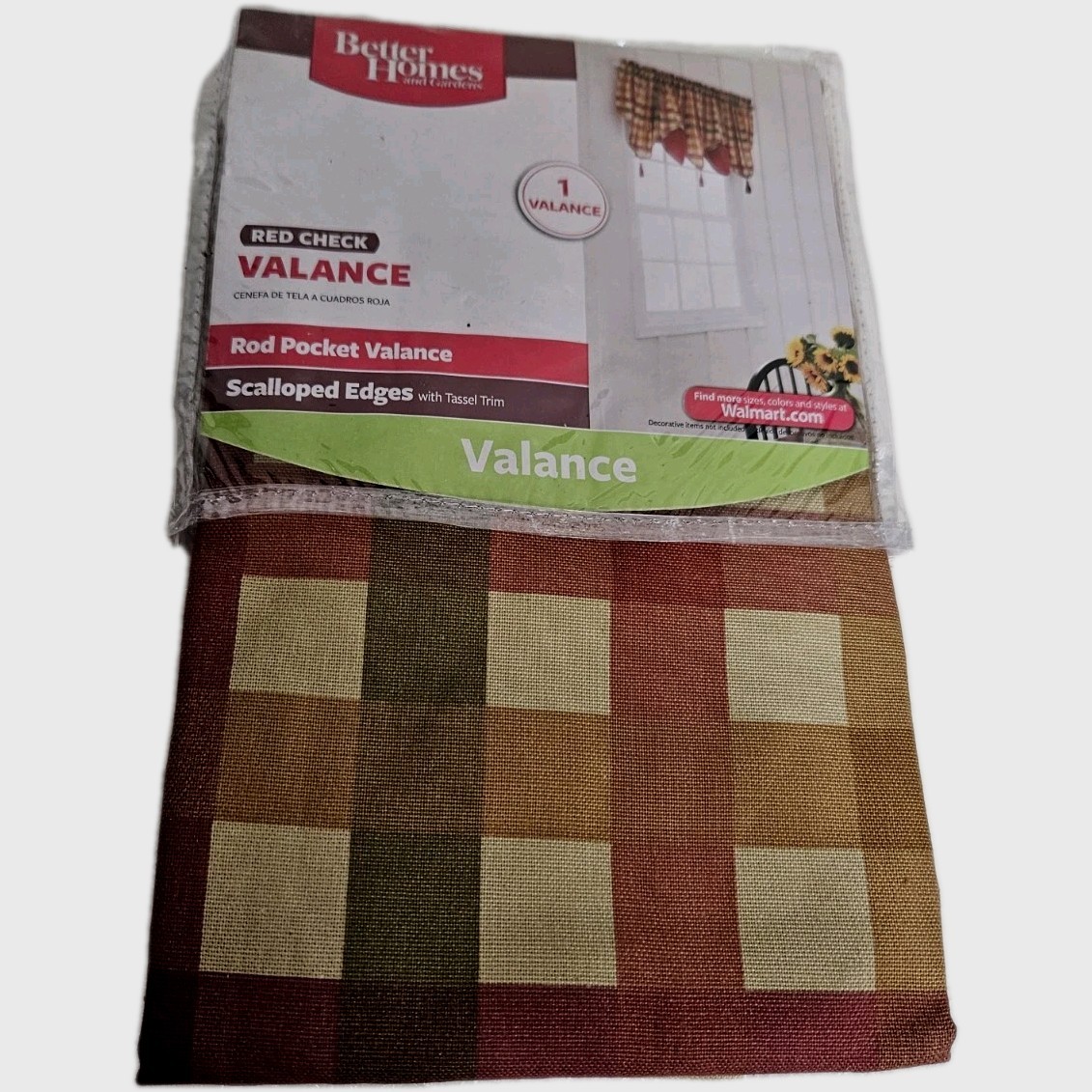 Better Homes and Gardens Valance Red Check Scalloped Tassels 60” x 20”