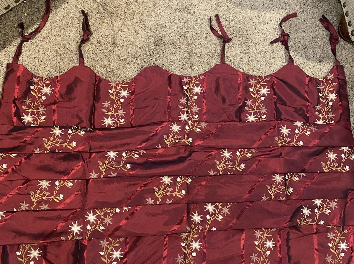 Curtain Panel Floral Embroidery Maroon Lined Custom Made 99”+ Ties 48” Repurpose