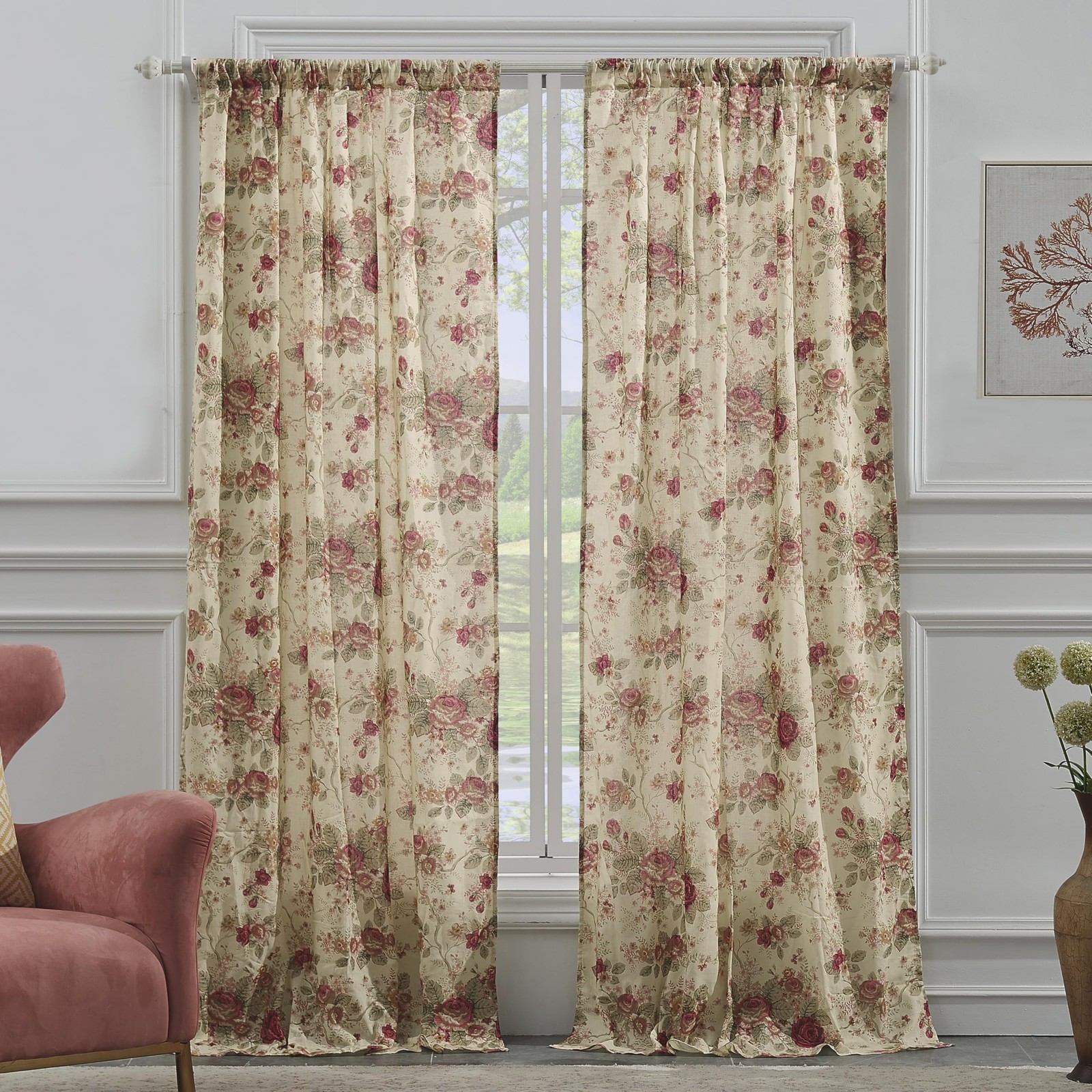 Antique Rose Cotton Curtain Panel Pair 42×84 Set of 2 Ecru