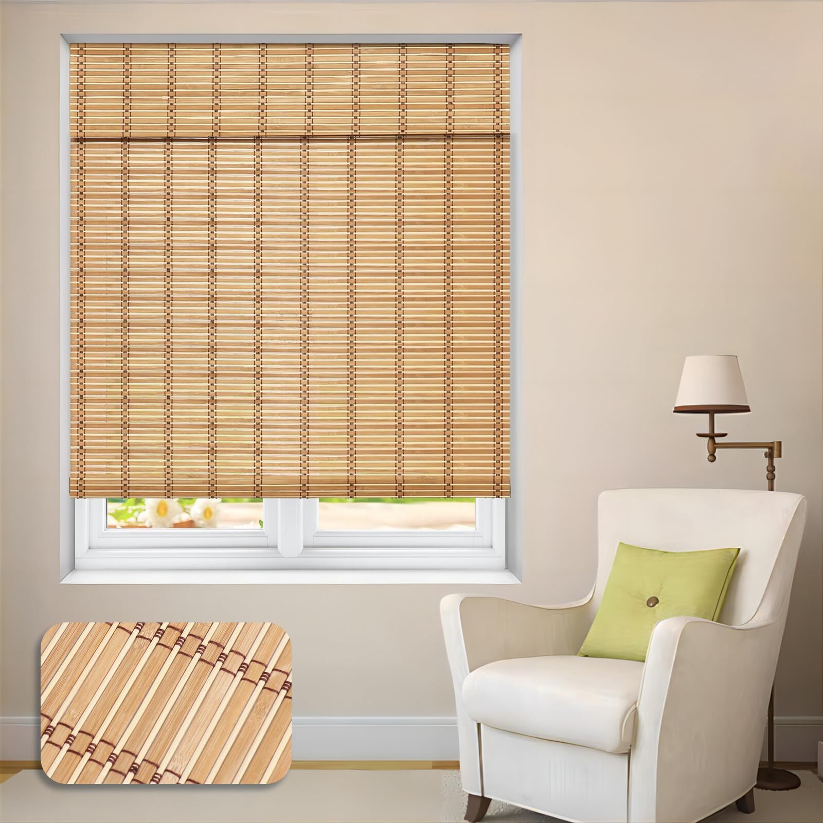 LUCKUP Cordless Bamboo Roman Shades, Roll Up Natural Bamboo Blinds for Windows