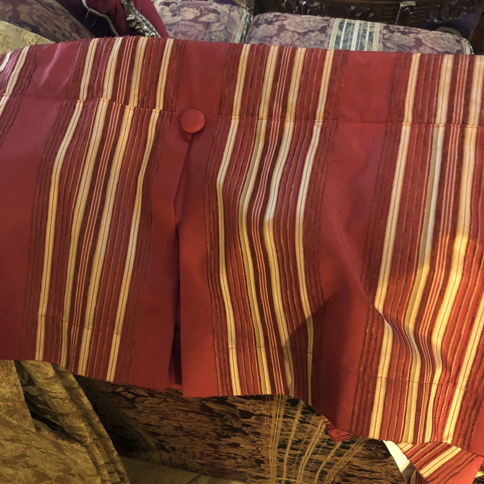 2 Waverly Red Gold Faux Silk Chenille Stripe Valances Tailored Button 52×15 each
