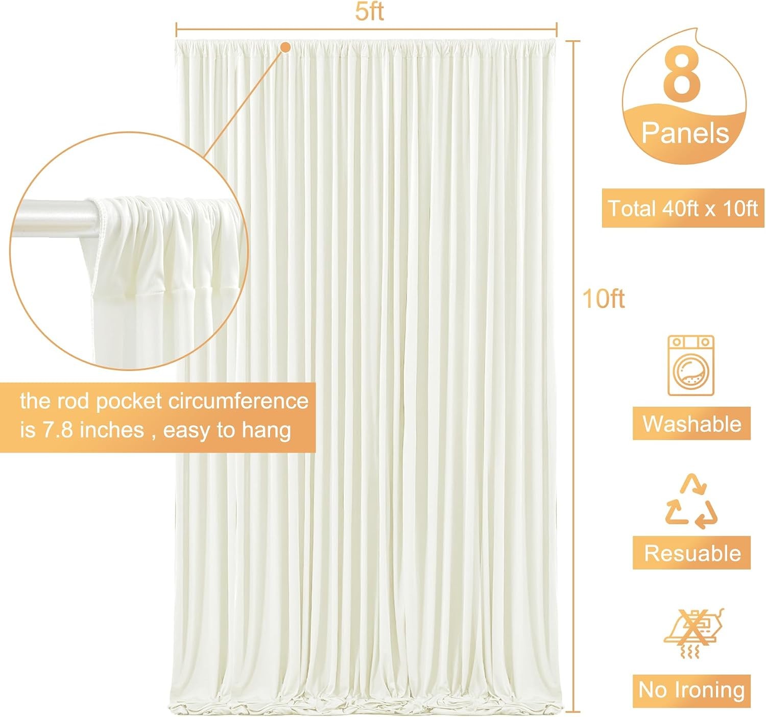 8 Panels Ivory Backdrop Curtain for Wedding Parties Wrinkle Ivory Photo Curtains