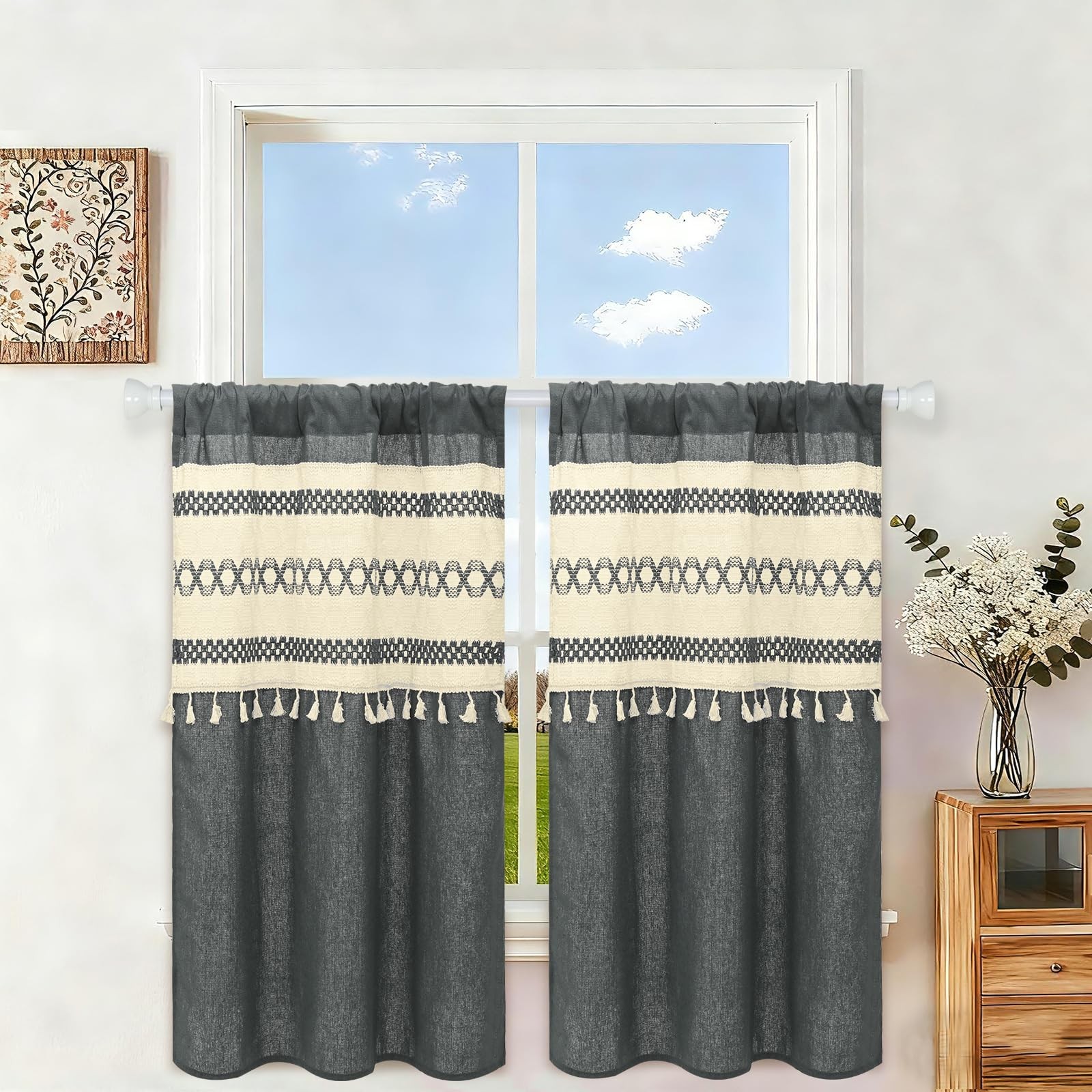 FRAMICS Farmhouse Kitchen Curtains Linen Cafe Curtains 36 Inch Length Grey Sh…