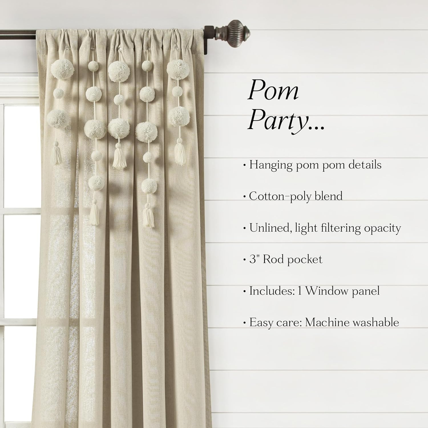 Boho Pom Pom Tassel Linen Textured Window Curtain Panel 52″ W X 95″ L