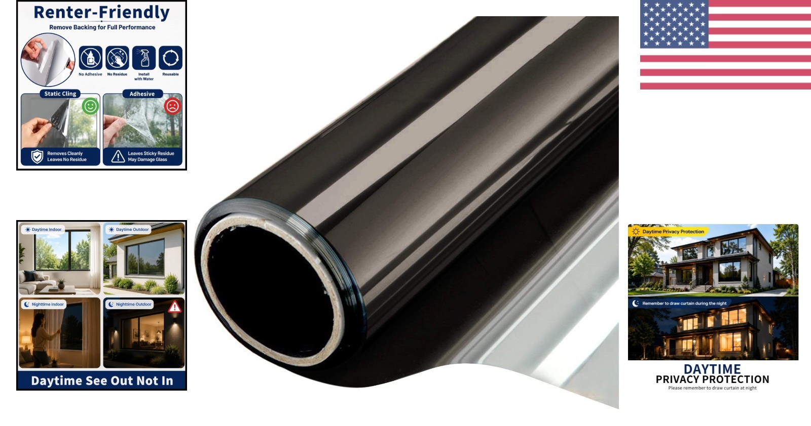Static Cling Window Film Black Silver 17.5Inch x 6.5Feet UV Blocking Privacy