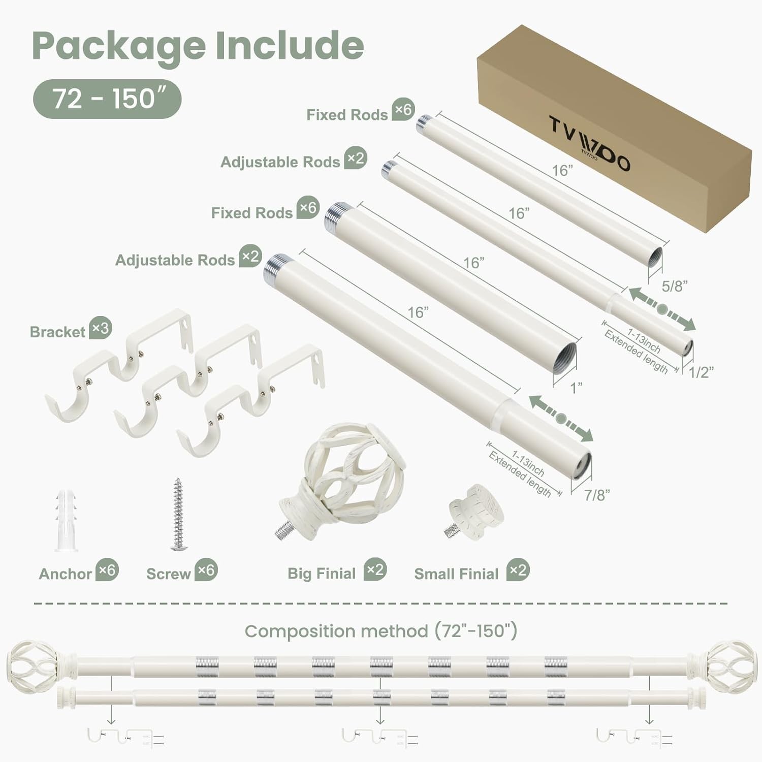 1 Inch Double Curtain Rod:White Adjustable Heavy Duty Curtain Rods for Window…
